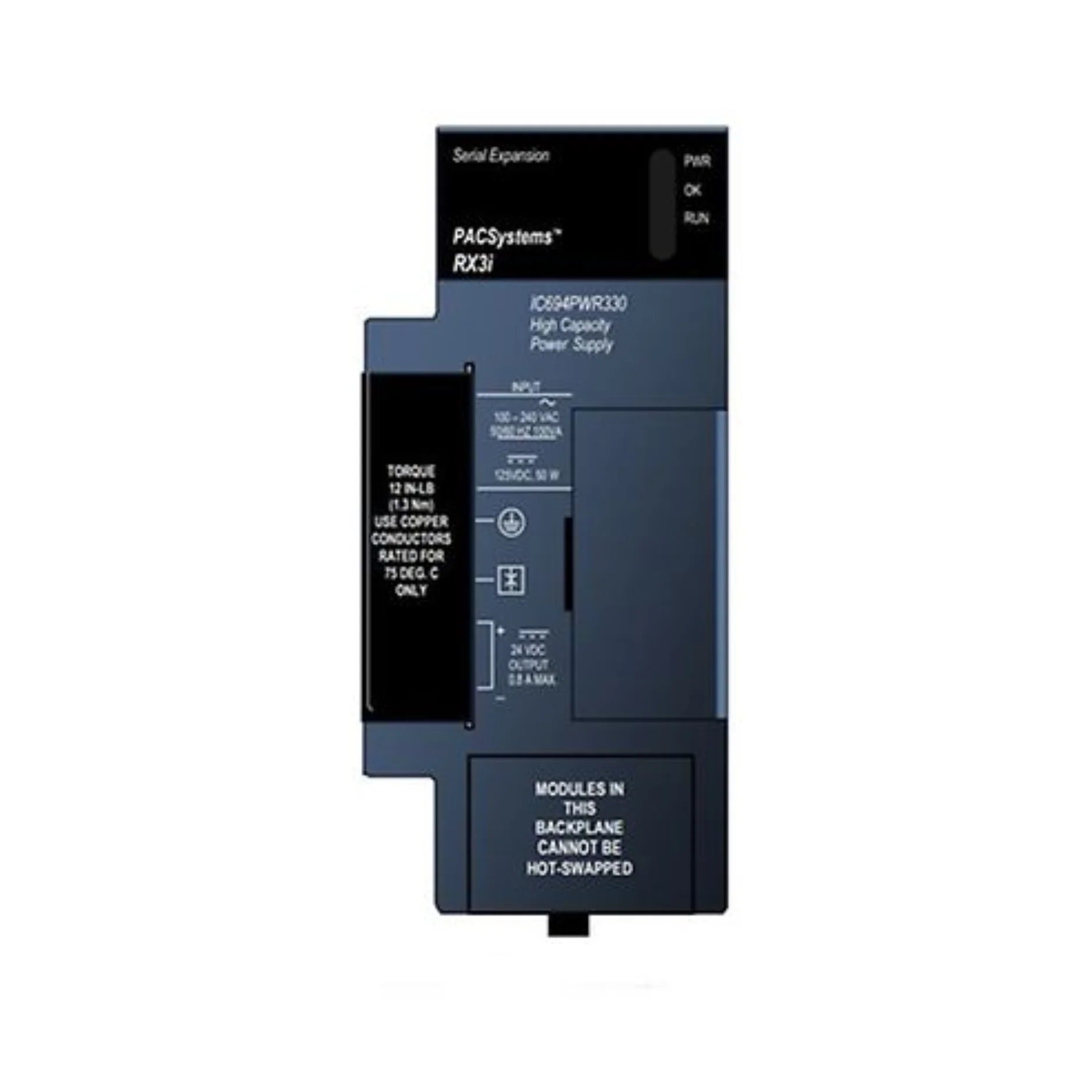 GE IC694PWR330 RX3i 30W power supply module with 24VDC input, compact design, for PACSystems universal backplanes.