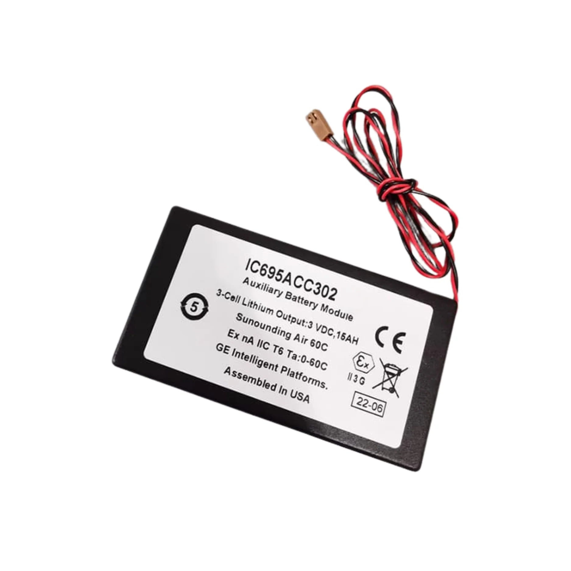 GE IC695ACC302 high-capacity lithium battery pack for RX3i CPUs and memory, extended backup for data retention.
