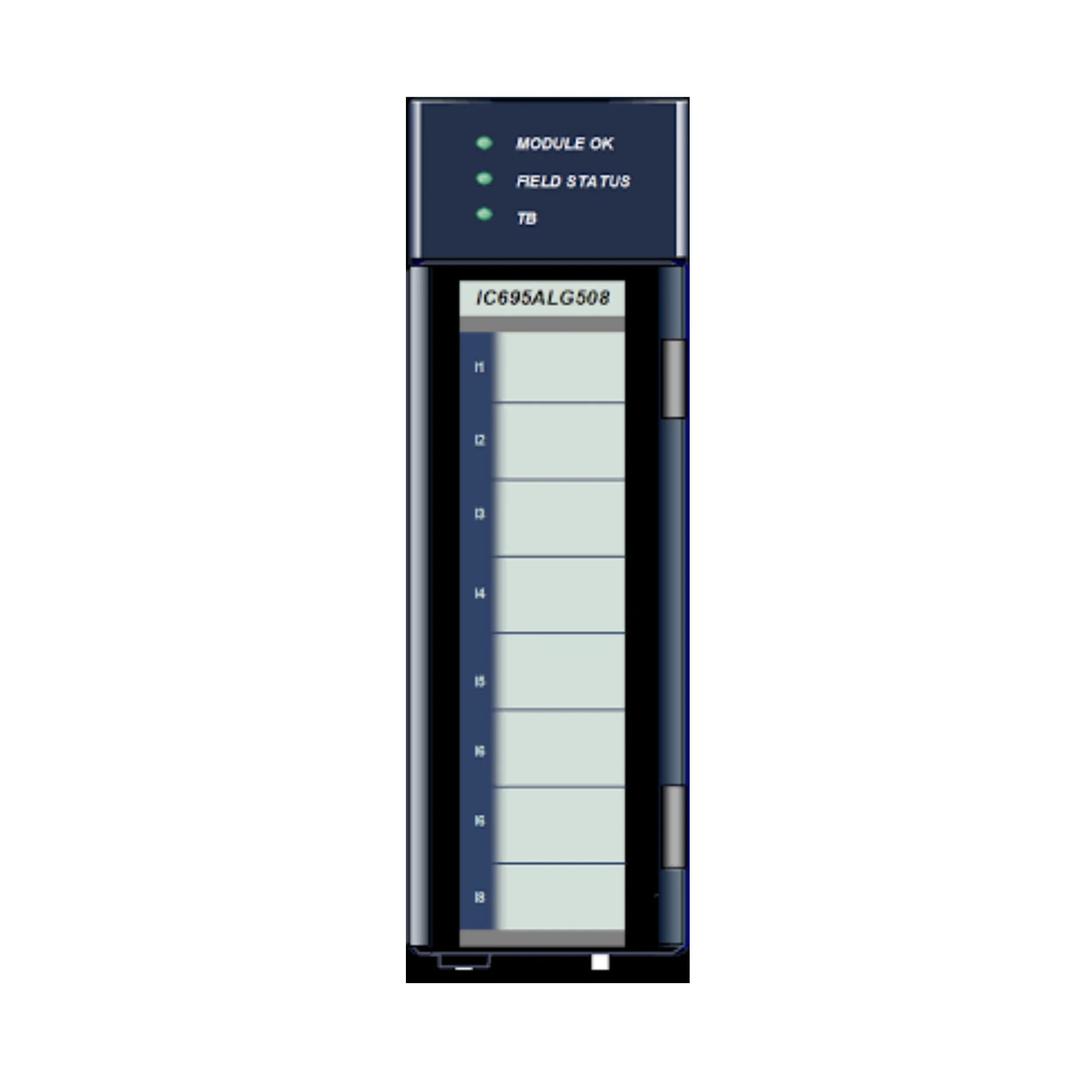 GE IC695ALG508 8-channel analog output module for RX3i, voltage/current output, 15-bit resolution, group-isolated.