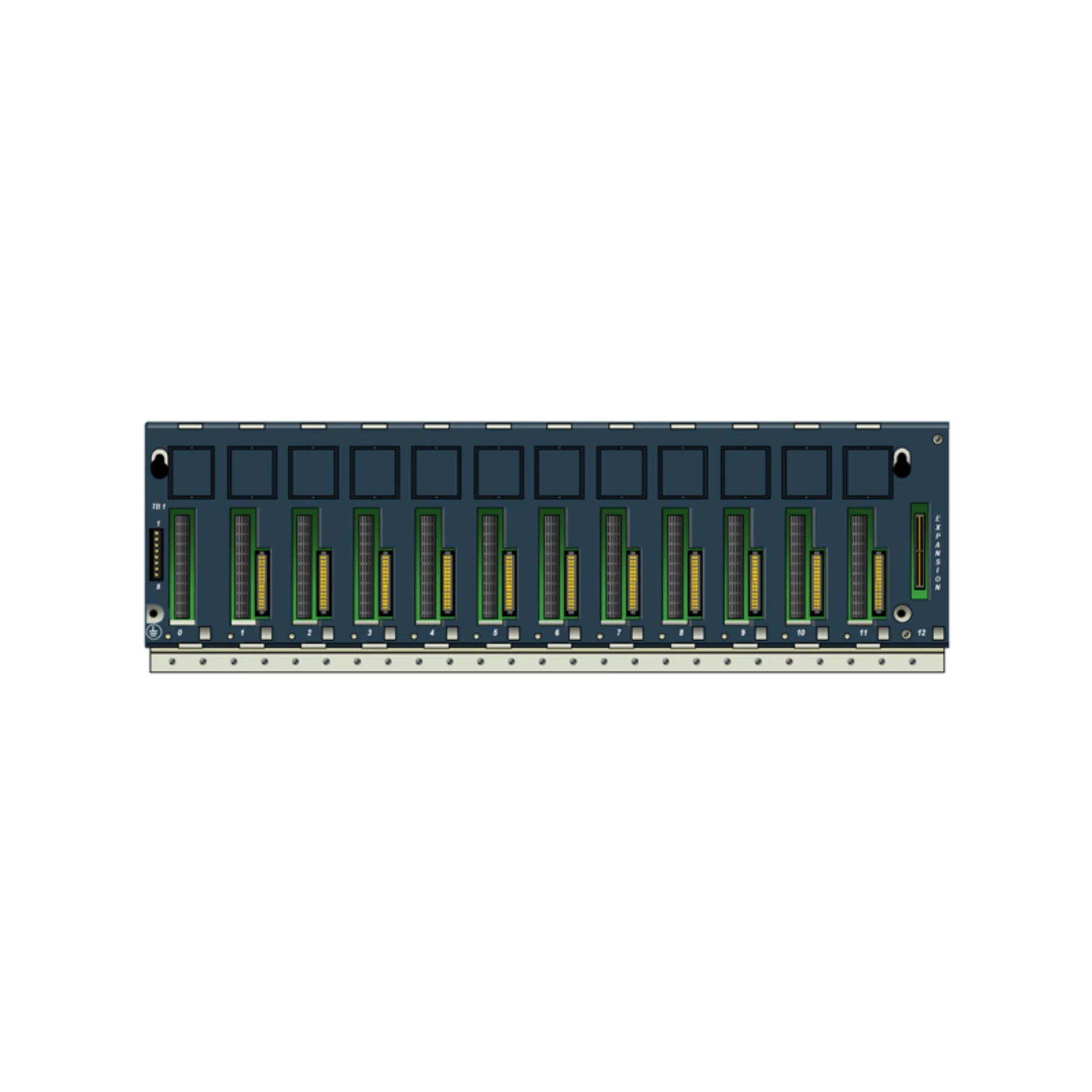 GE IC695CHS012 12-slot RX3i universal backplane for PACSystems, supports CPU, I/O, power, and comm modules.