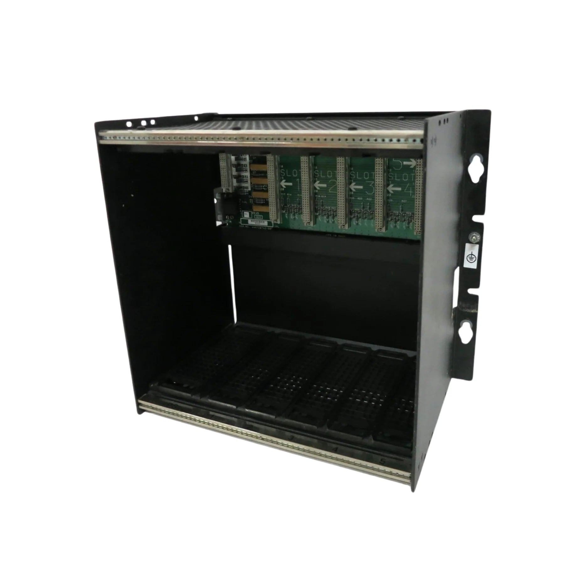 GE IC697CHS750 5-slot I/O rack for Series 90-70 PLCs, compact baseplate for CPU, I/O, and power modules with universal mounting.