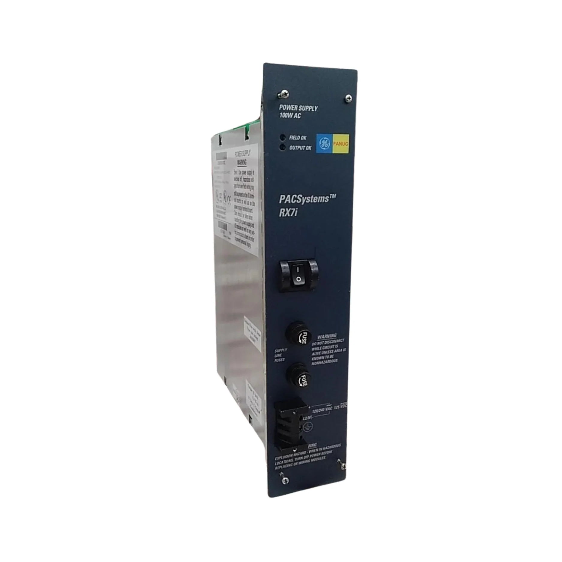 GE IC698PSA100 RX7i power supply module, 100–240VAC input, 90W output, for CPUs and I/O modules in industrial control systems.