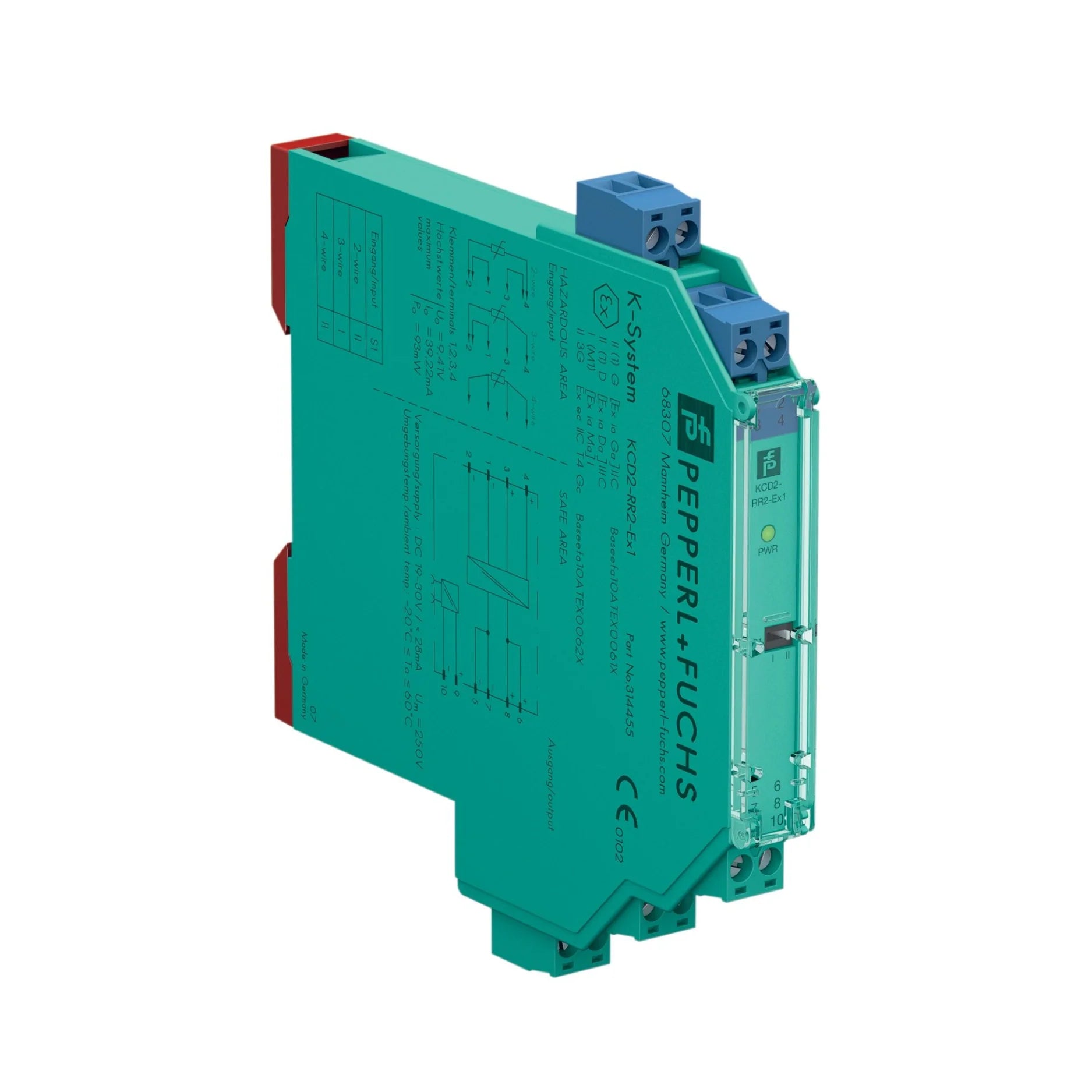 Pepperl+Fuchs KCD2-RR2-Ex1 (314455) relay module, 1-channel, SIL 2 certified, SPDT output, DIN rail mount, 24V DC control, Ex area rated.