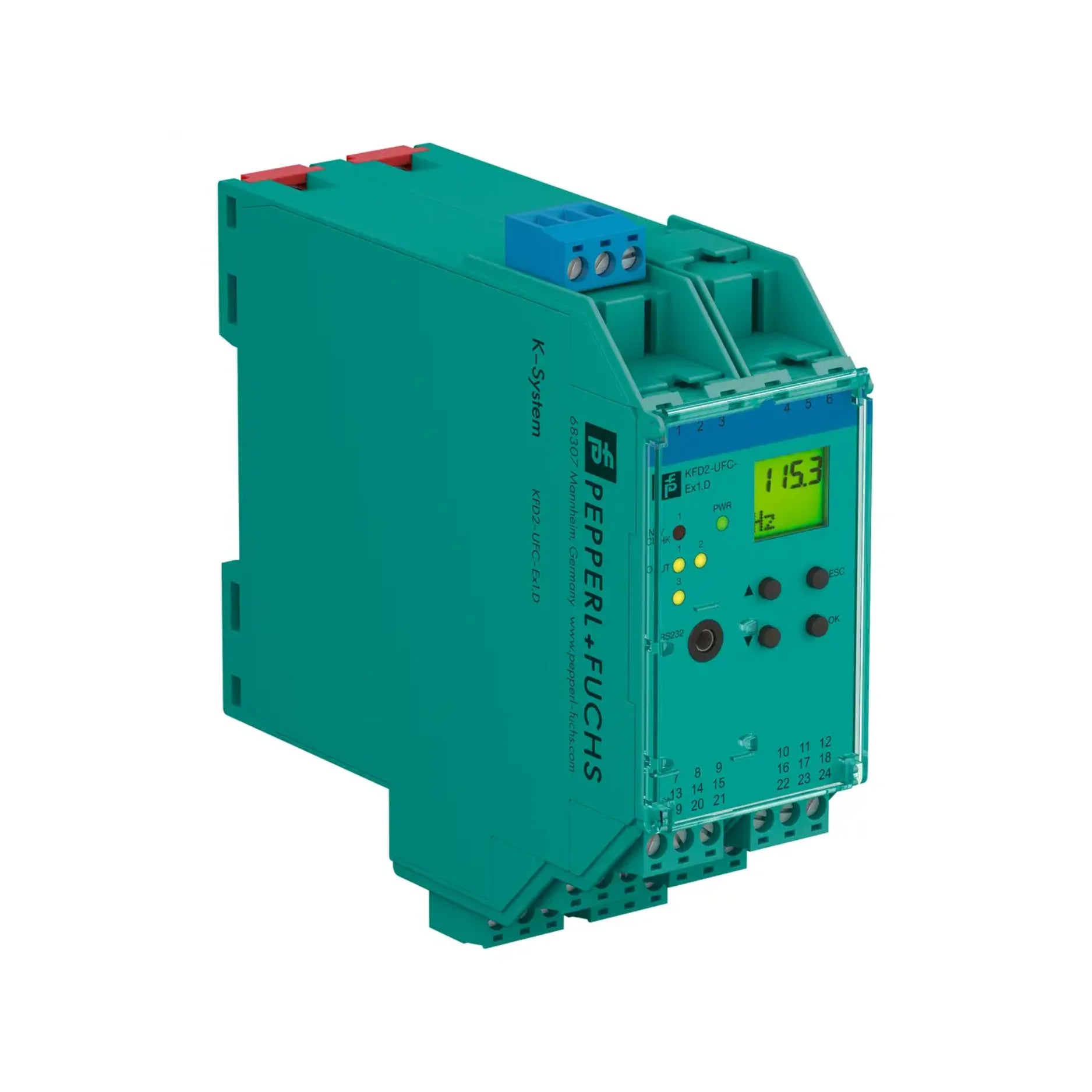 Pepperl+Fuchs KFD2-UFC-Ex1.D universal frequency converter, SIL 2, 0/4–20 mA analog output, DIN rail mount for industrial automation.