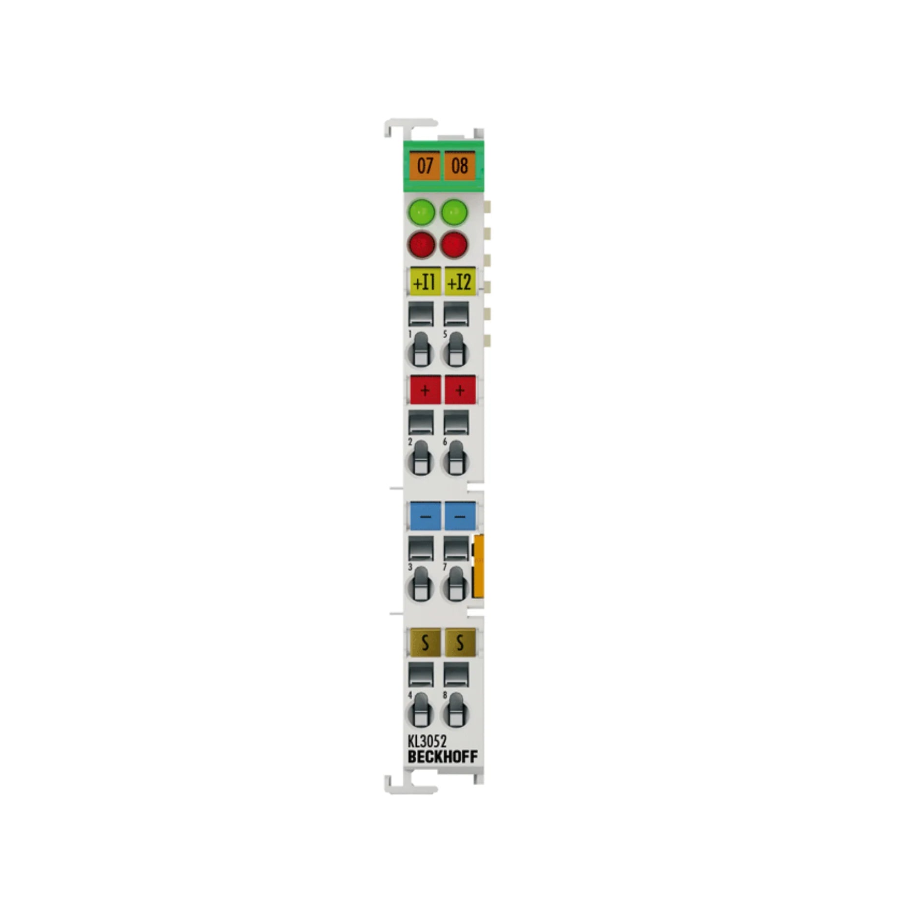 Beckhoff KL3052 2-channel 0-20mA analog input terminal with 12-bit resolution for accurate signal measurement in industrial automation systems.