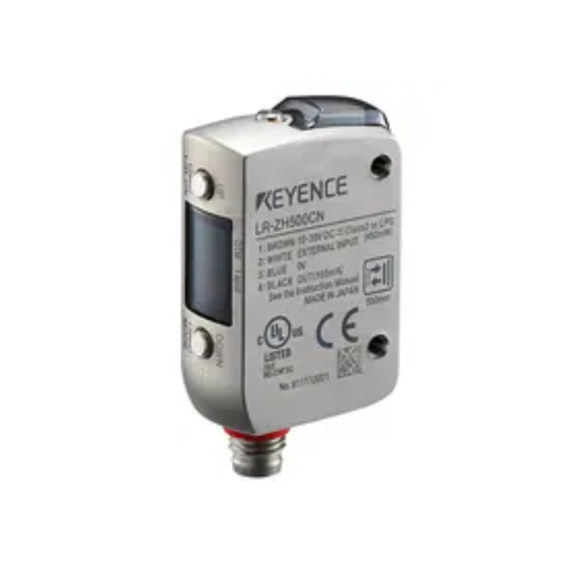 Keyence LR-ZH500CP reflective photoelectric sensor with 500mm range, OLED display, and rugged IP67 housing for industrial detection.