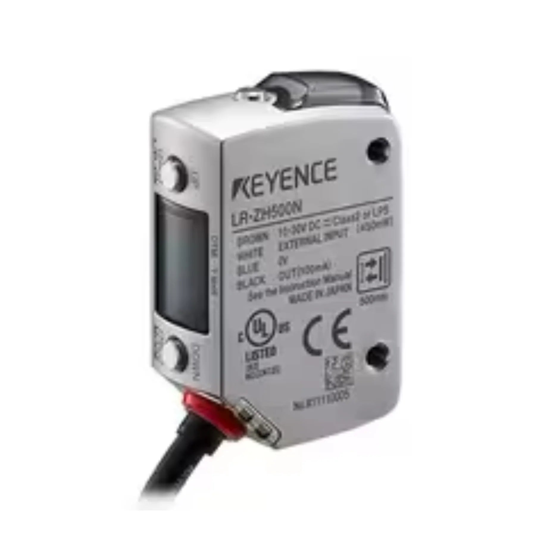 Keyence LR-ZH500P CMOS laser sensor with 35-500 mm range, PNP output, and IP68/69K-rated stainless steel housing for industrial applications.