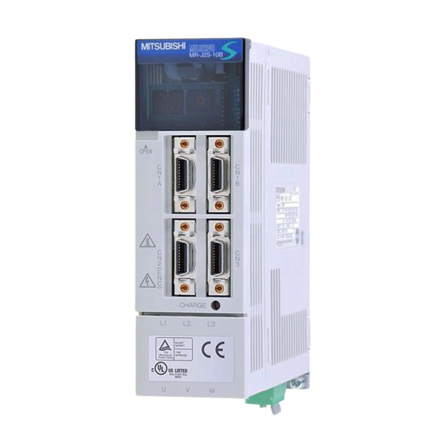 Mitsubishi MR-J2S-10B servo amplifier, 100W, 200–230V AC input, SSCNET-compatible, built-in dynamic brake, real-time auto-tuning.