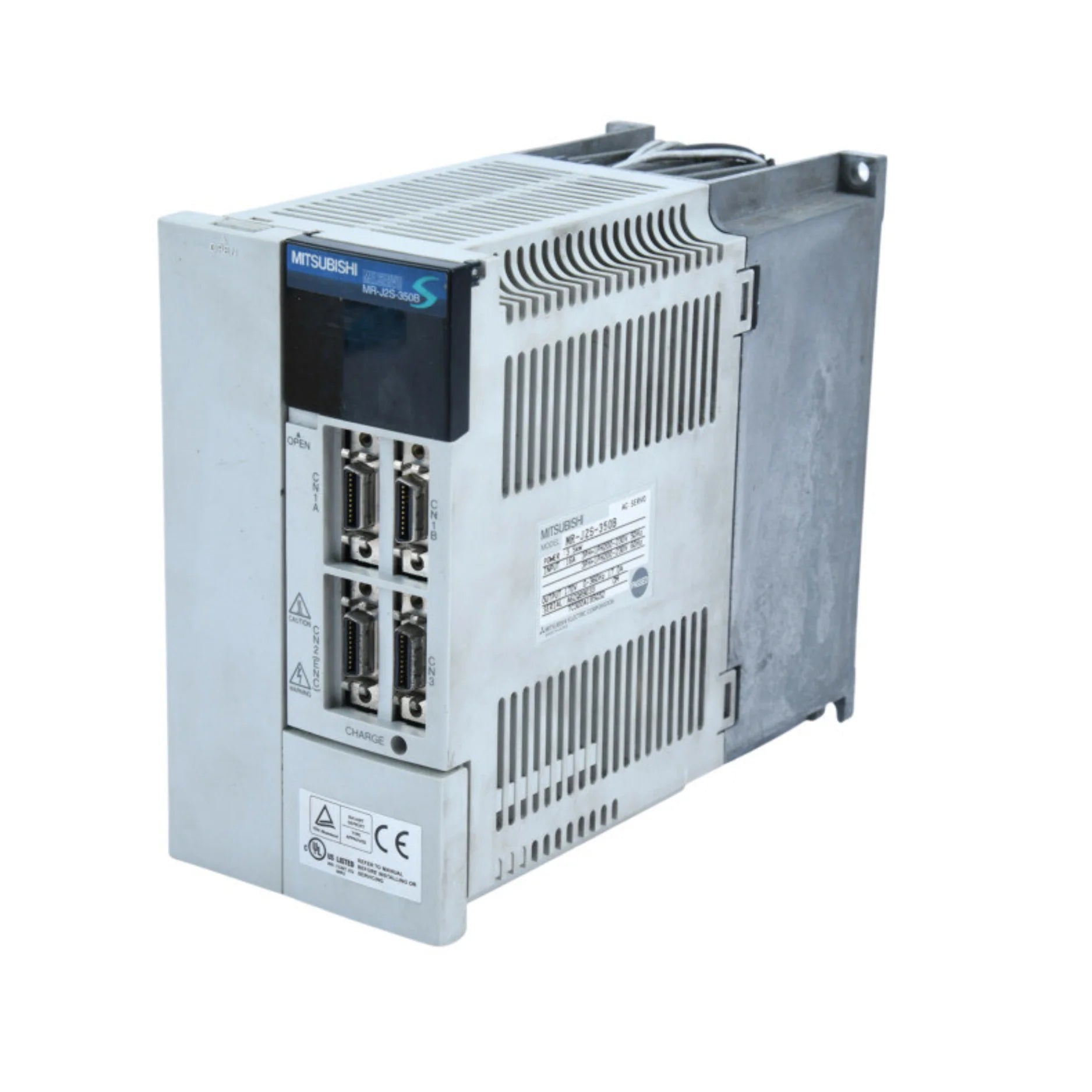 Mitsubishi MR-J2S-350B servo amplifier, 3.5kW, 200–230V AC input, SSCNET-compatible, built-in dynamic brake, real-time auto-tuning.