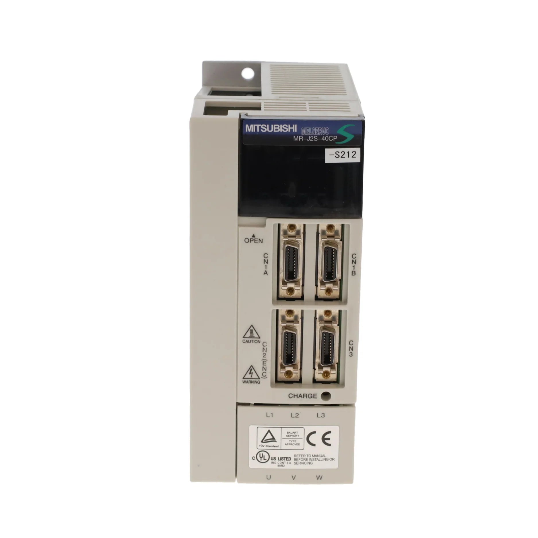 Mitsubishi MR-J2S-40CP-S212 servo amplifier, 400W output, 200–230V AC, CC-Link compatible, built-in positioning control.