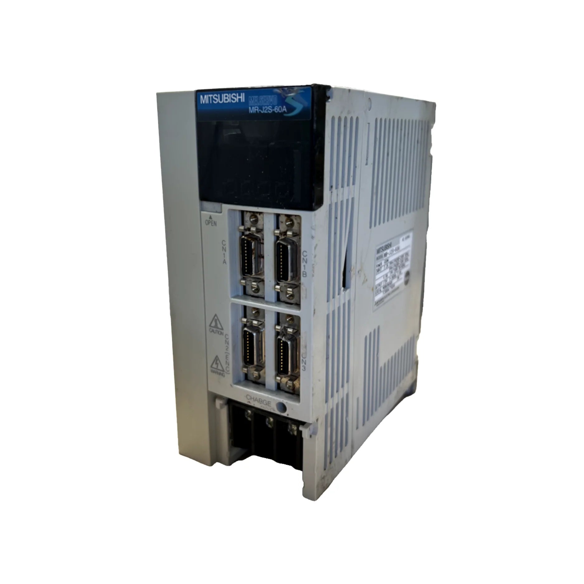 Mitsubishi MR-J2S-60A servo amplifier, 600W, 200–230V AC, pulse input, compact and efficient drive for motion control systems.