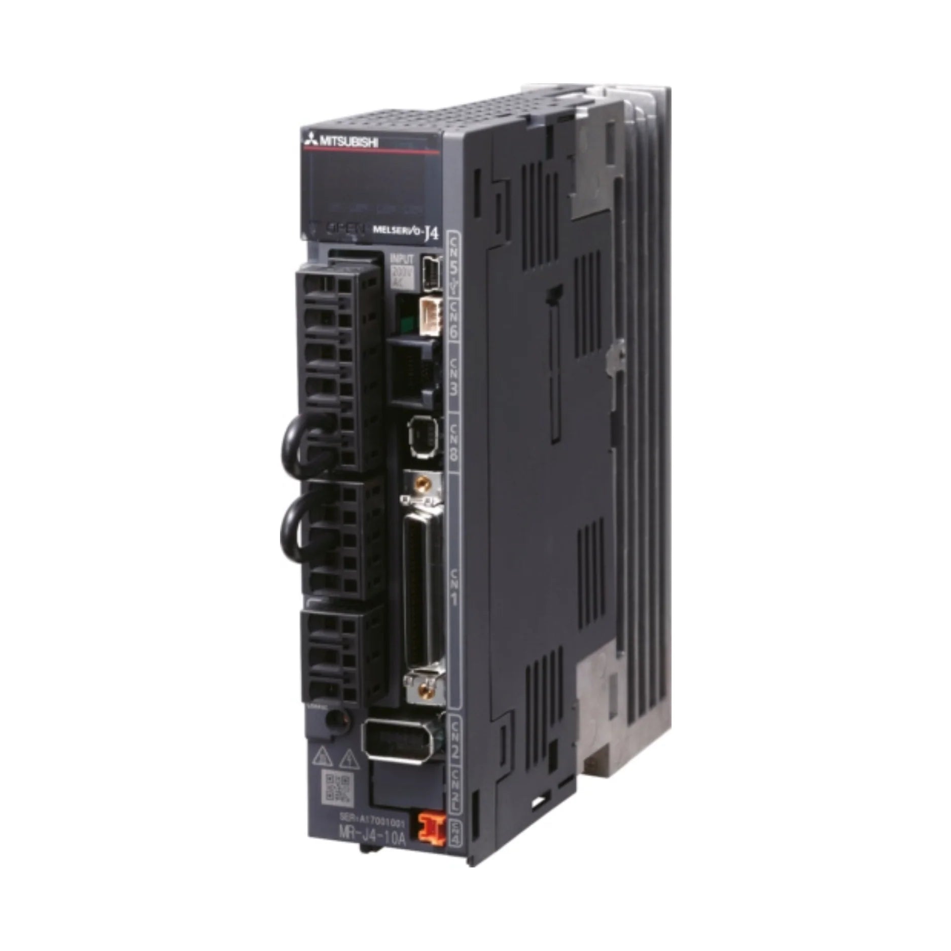 Mitsubishi MR-J4-40A servo amplifier, 400W, 200–240V AC, general-purpose interface with built-in STO for precise motion control.
