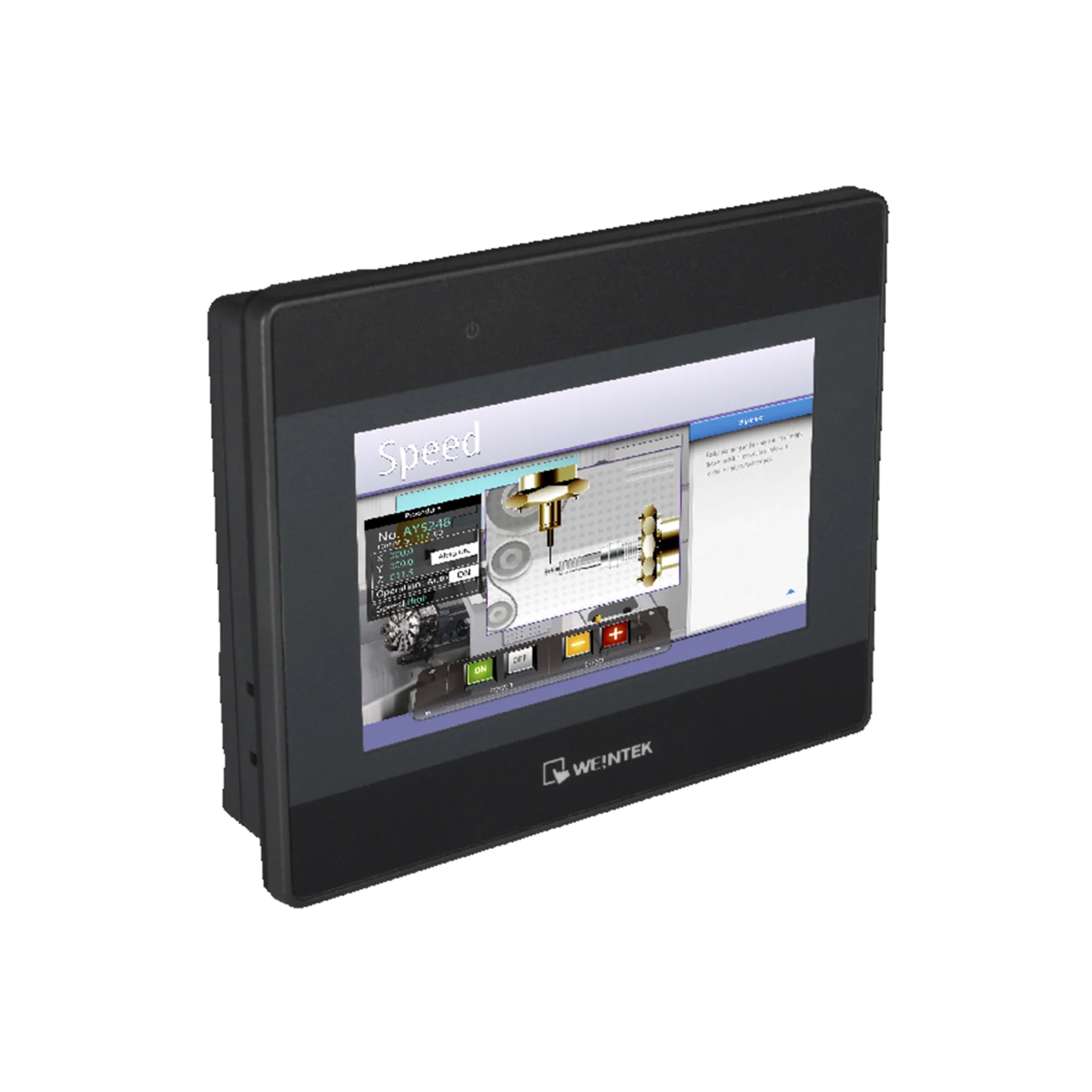 Weintek MT6050iP HMI with 4.3" 480×272 TFT LCD, 24 V DC input, RS-232/RS-485 ports, USB client, and EasyBuilder 8000 support for industrial automation