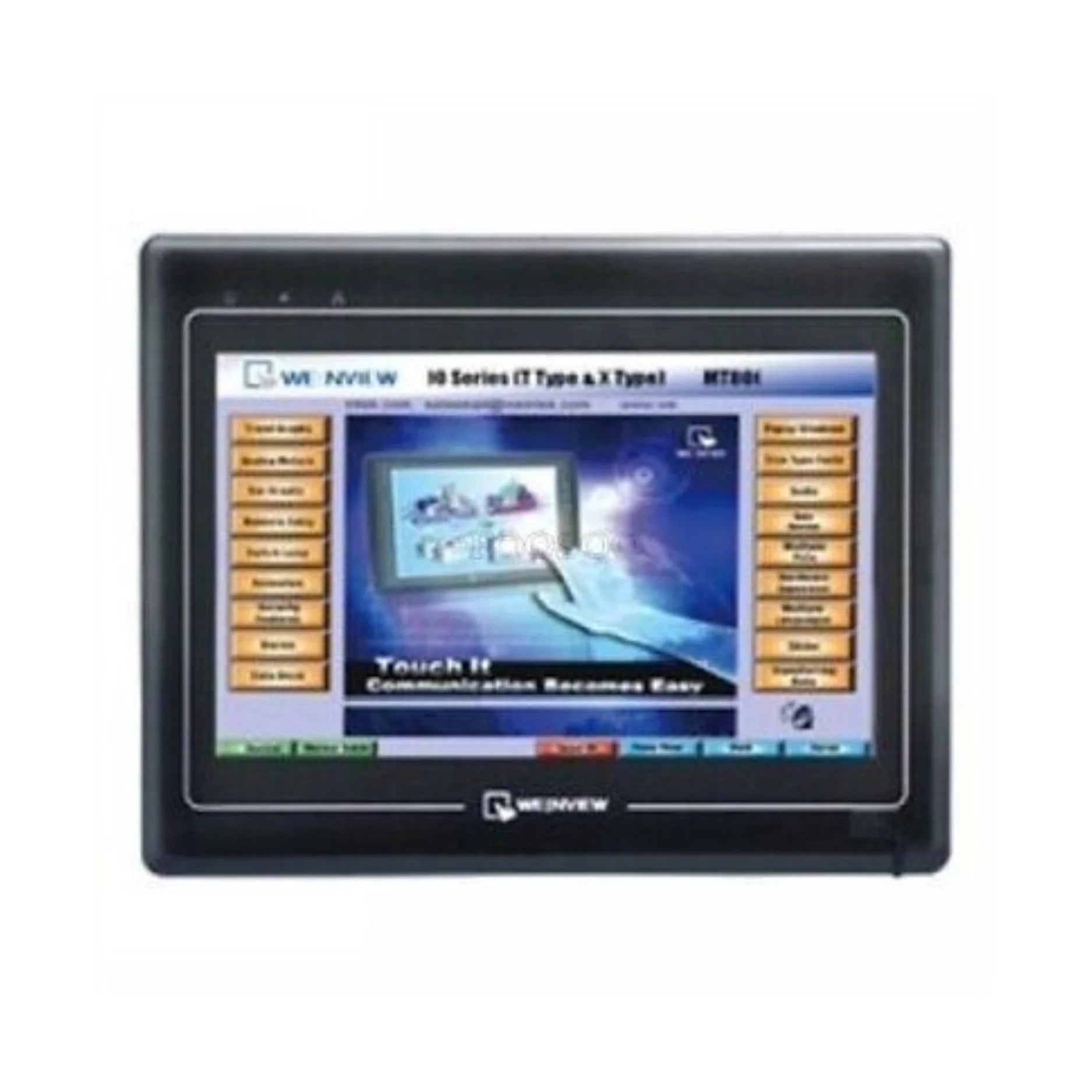 Weintek MT6100i HMI with 10" 800×480 TFT display, 24 V DC input, RS-232/RS-485, USB, and SD card slot for industrial machine control.