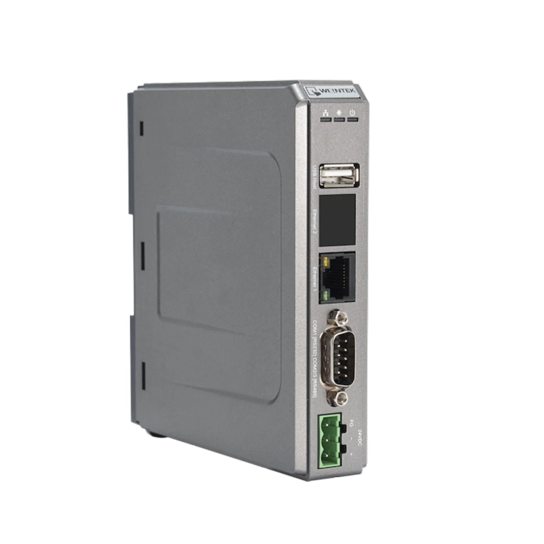 Weintek mTV-100 HMI interface with HDMI output, Ethernet, and serial ports for industrial automation applications.