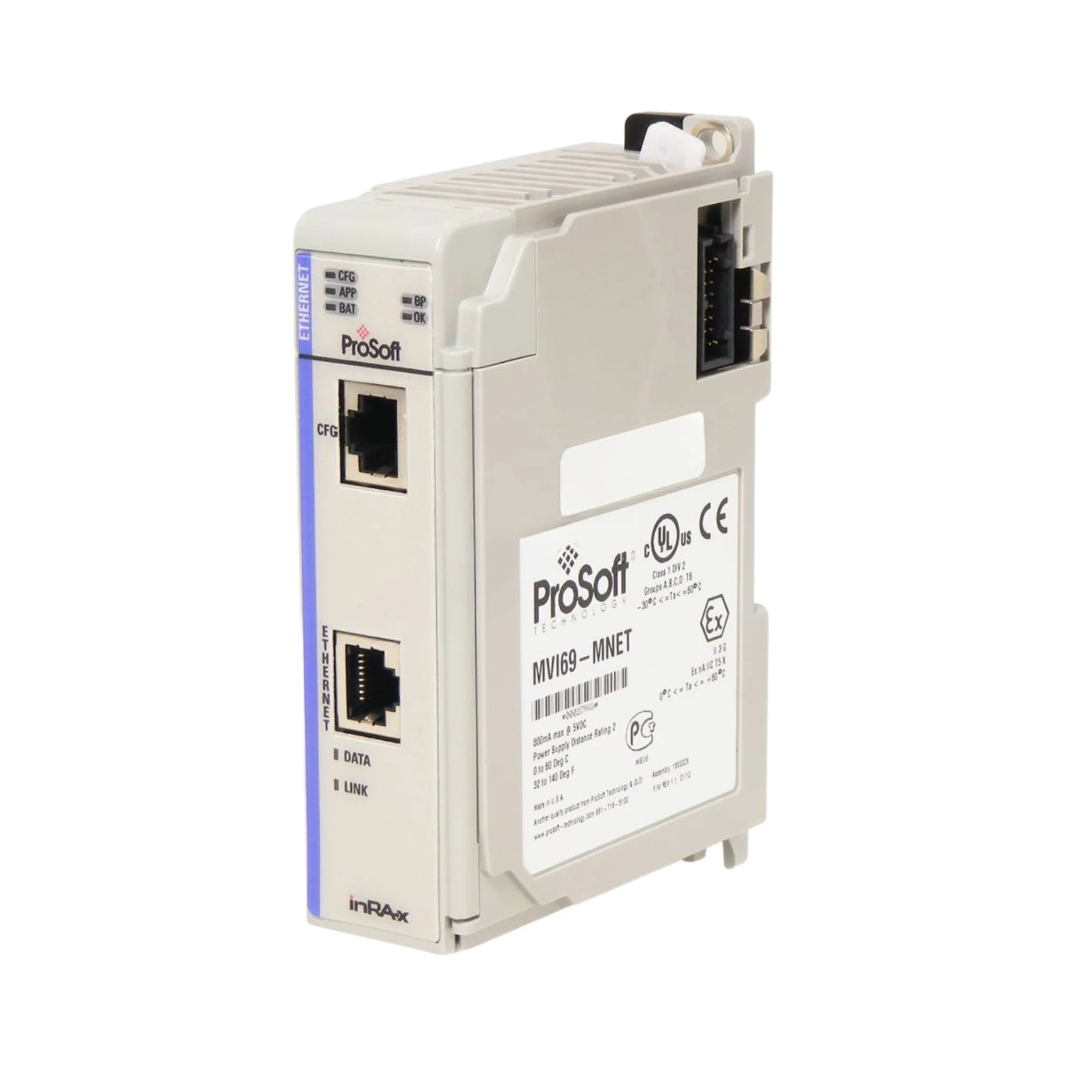 ProSoft MVI69-MNET Modbus TCP/IP module, EtherNet/IP communication for Allen-Bradley CompactLogix PLC systems.