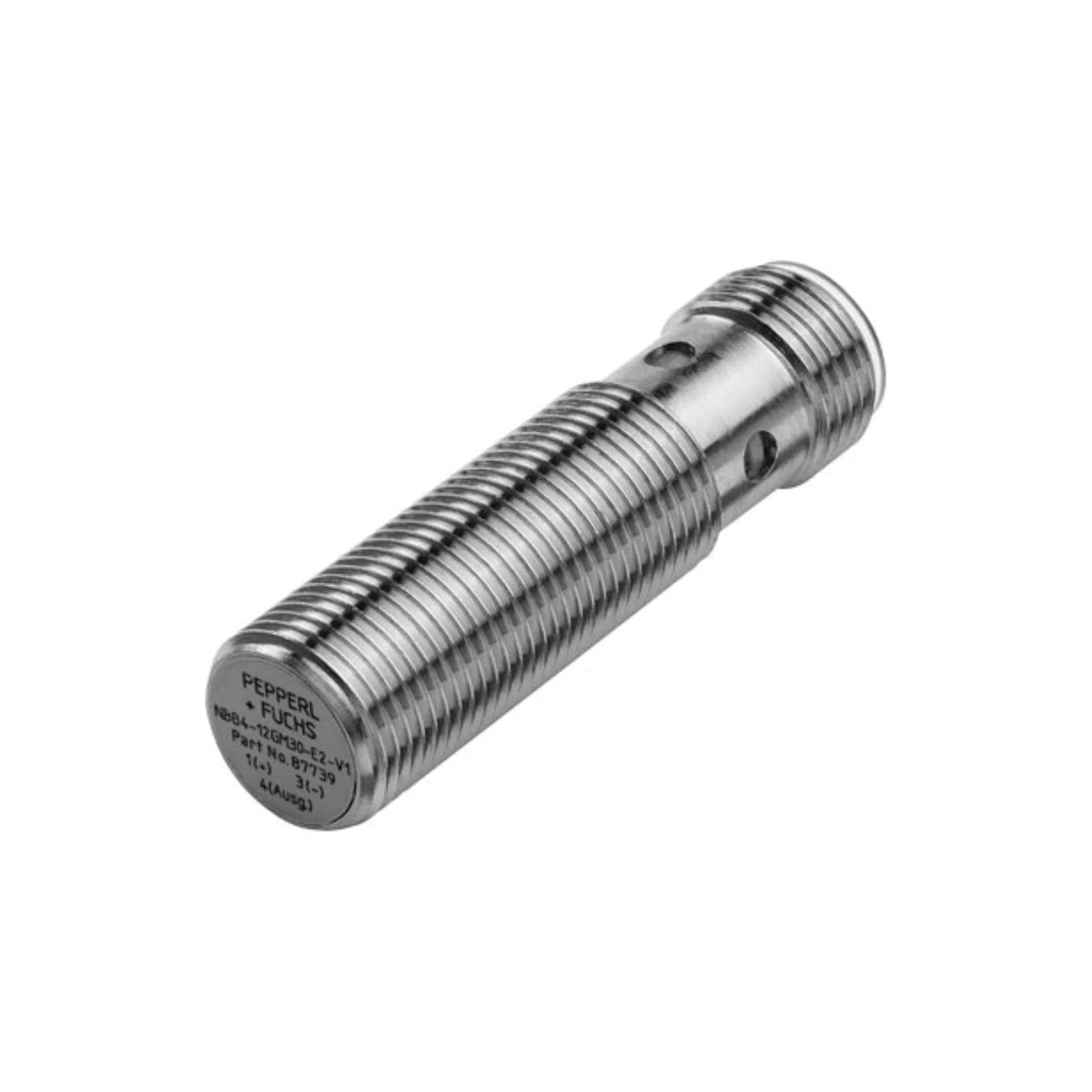 Pepperl+Fuchs NBB4-12GM30-E2-V1 inductive proximity sensor with 4 mm sensing distance, PNP NO output, M12 connector, and IP68 rating.