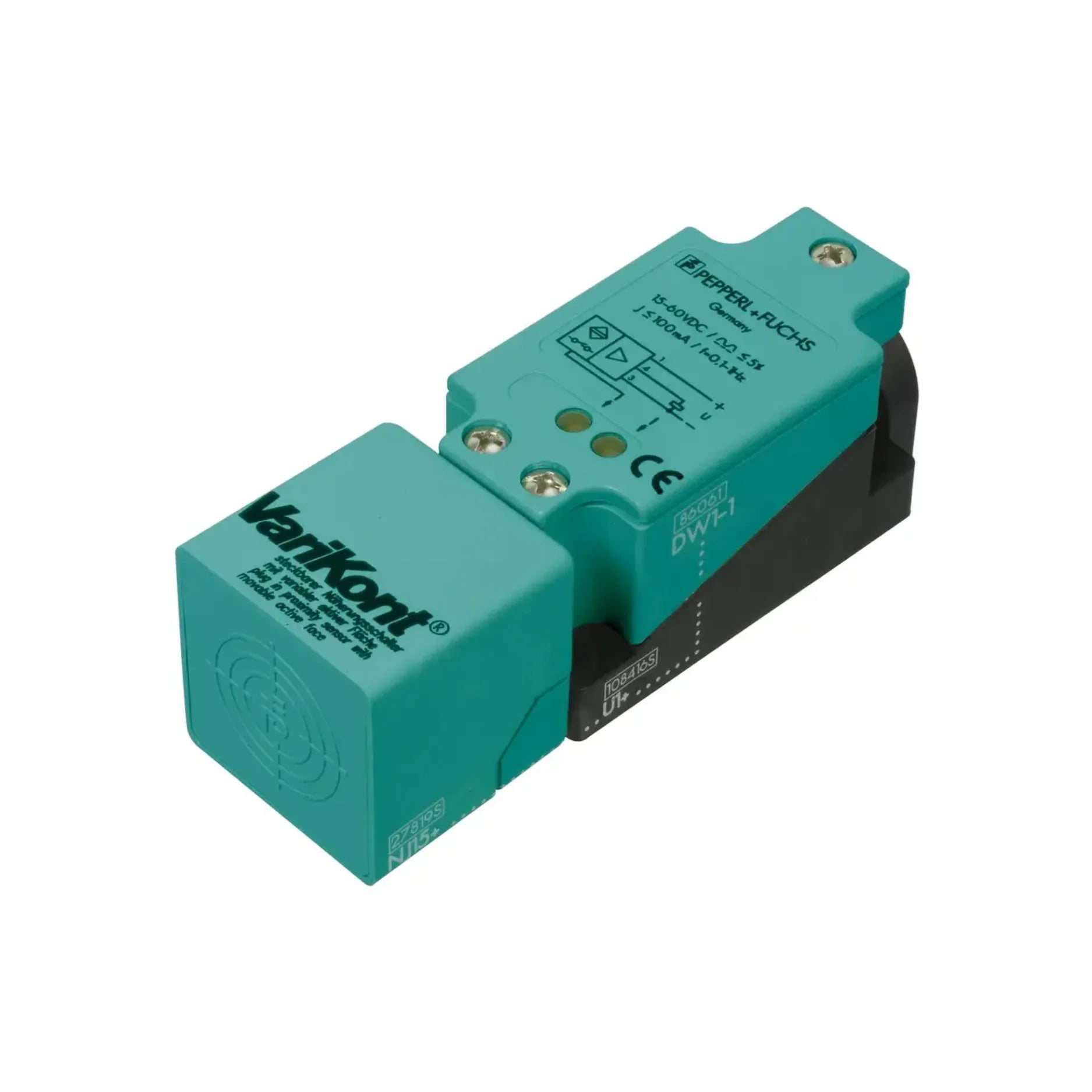 Pepperl+Fuchs NJ15-U1-DW1-1 inductive NAMUR sensor, 15 mm range, cylindrical housing, IP67-rated for hazardous zones.
