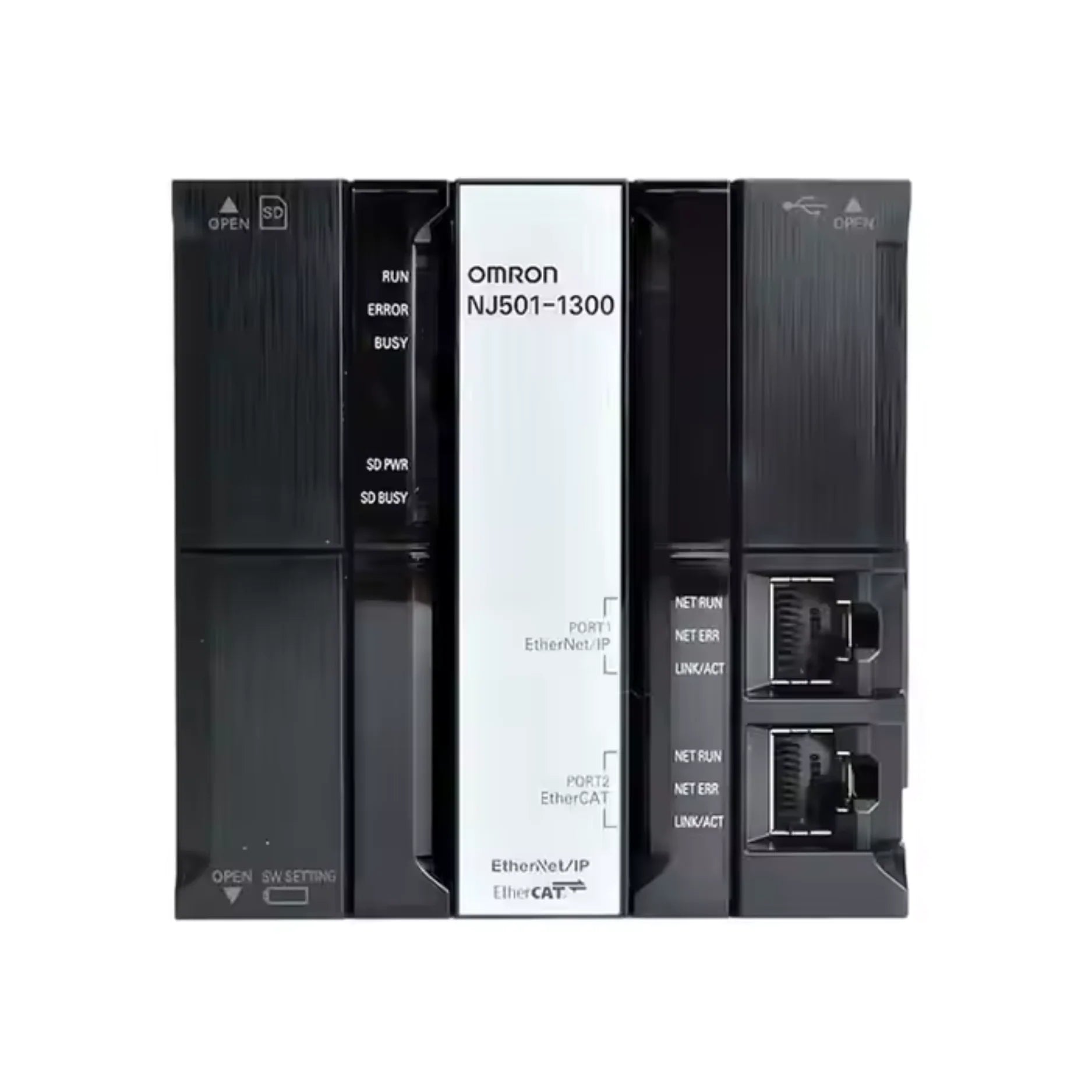 Omron NJ501-1300 machine automation controller with 16-axis motion control, OPC UA support, and EtherCAT/EtherNet/IP connectivity.