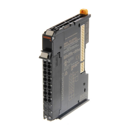 Omron NX-AD3203 4-channel analog input module with 16-bit resolution, voltage/current input, for NX-series PLC automation systems.