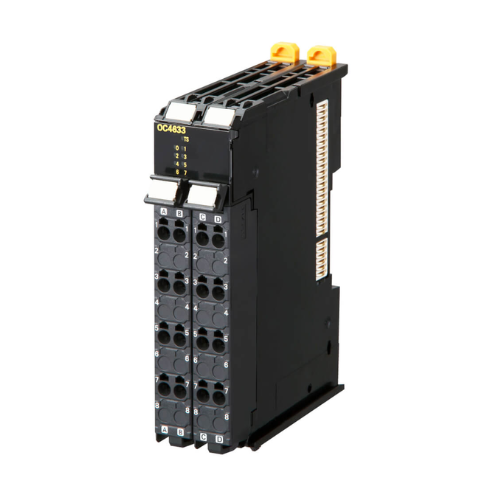 Omron NX-OC4633 8-channel relay output unit with 2 A per channel capacity at 24 VDC or 250 VAC, featuring push-in terminals for NX-Series I/O systems.