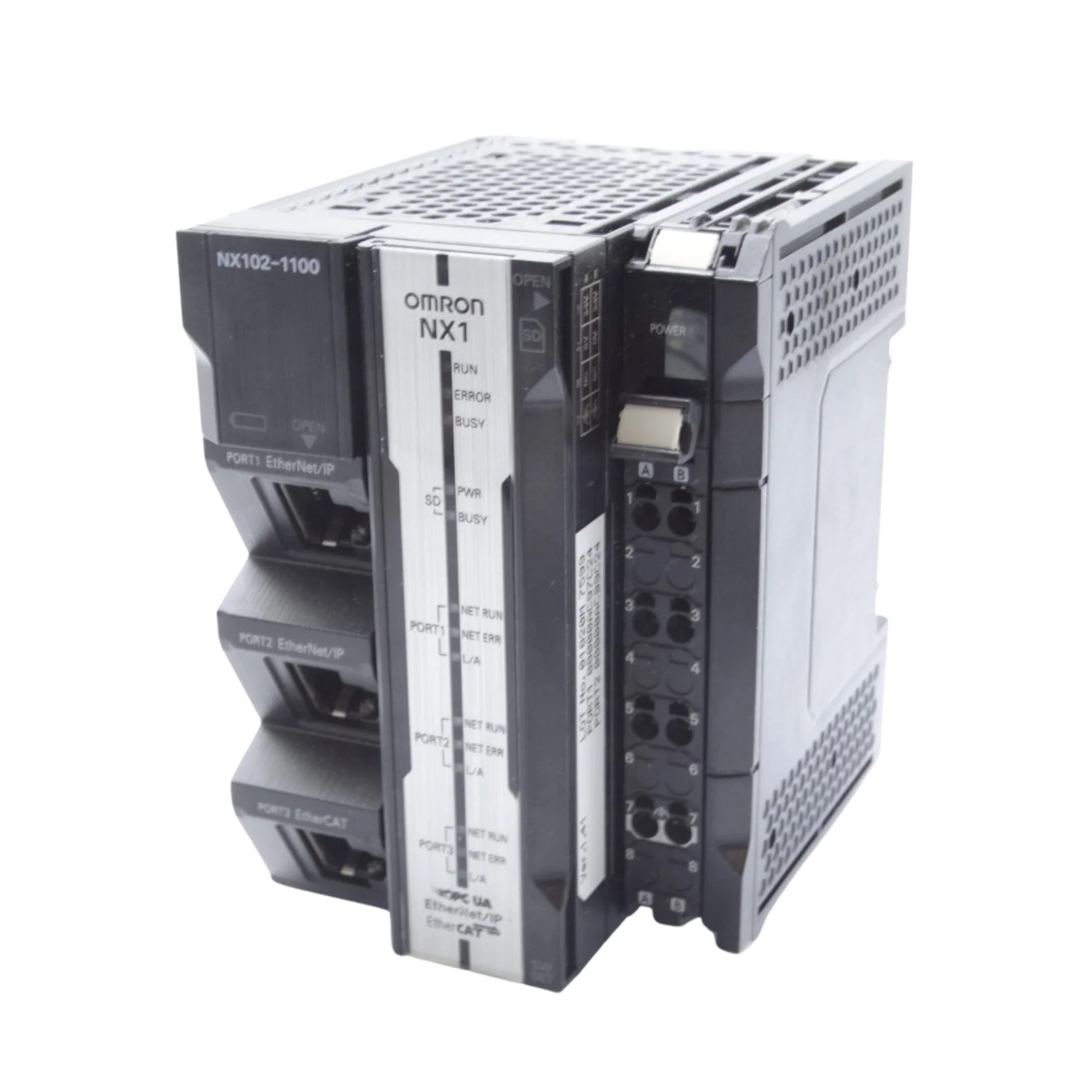 Omron NX102-1100 machine automation controller with support for 8 axes, 5 MB program memory, EtherCAT, EtherNet/IP, and OPC UA connectivity.