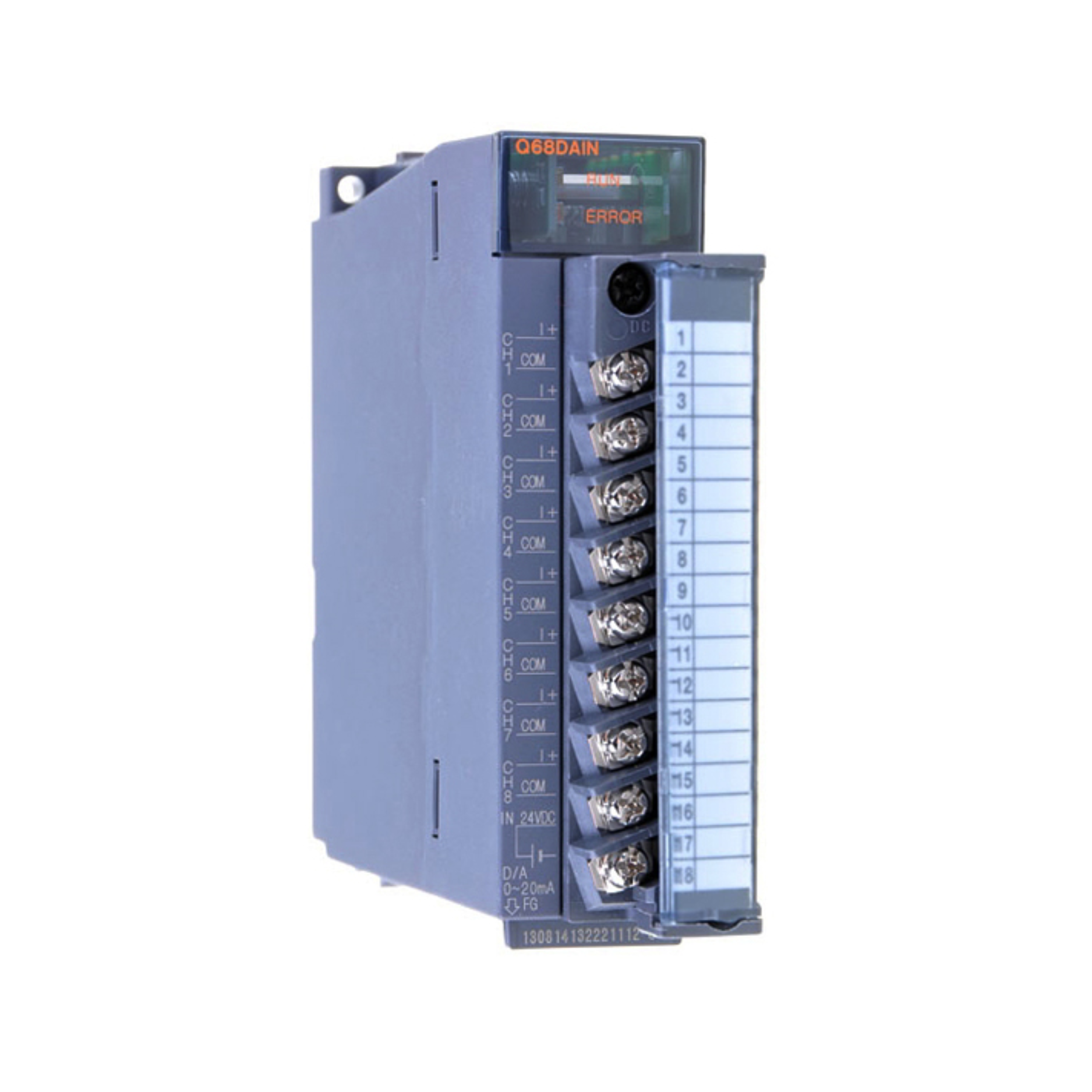 Mitsubishi Q68DAIN analog output module, 8-channel, 16-bit resolution, voltage and current output, Q Series PLC.