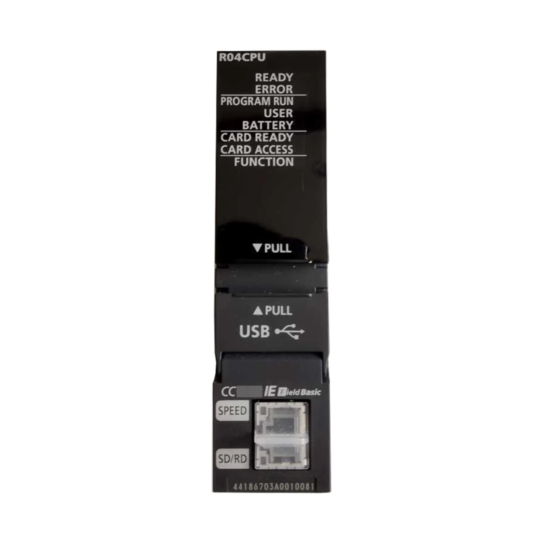 Mitsubishi R04CPU PLC CPU module, 40K steps, 0.98 ns LD instruction speed, 4,096 I/O points, built-in Ethernet &amp; USB ports.