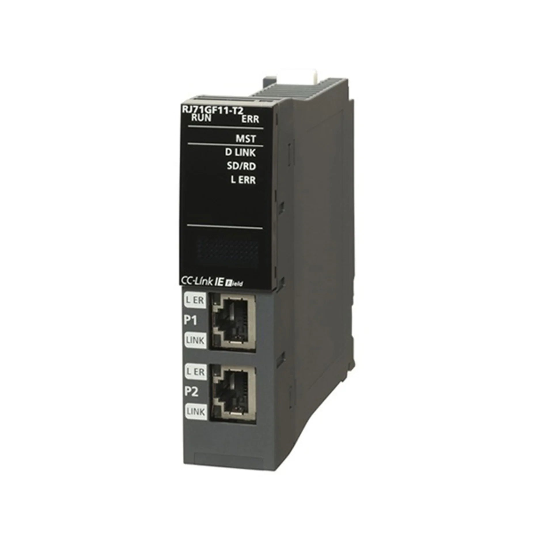 Mitsubishi RJ71GF11-T2 CC-Link IE Field network module for high-speed industrial Ethernet communication.