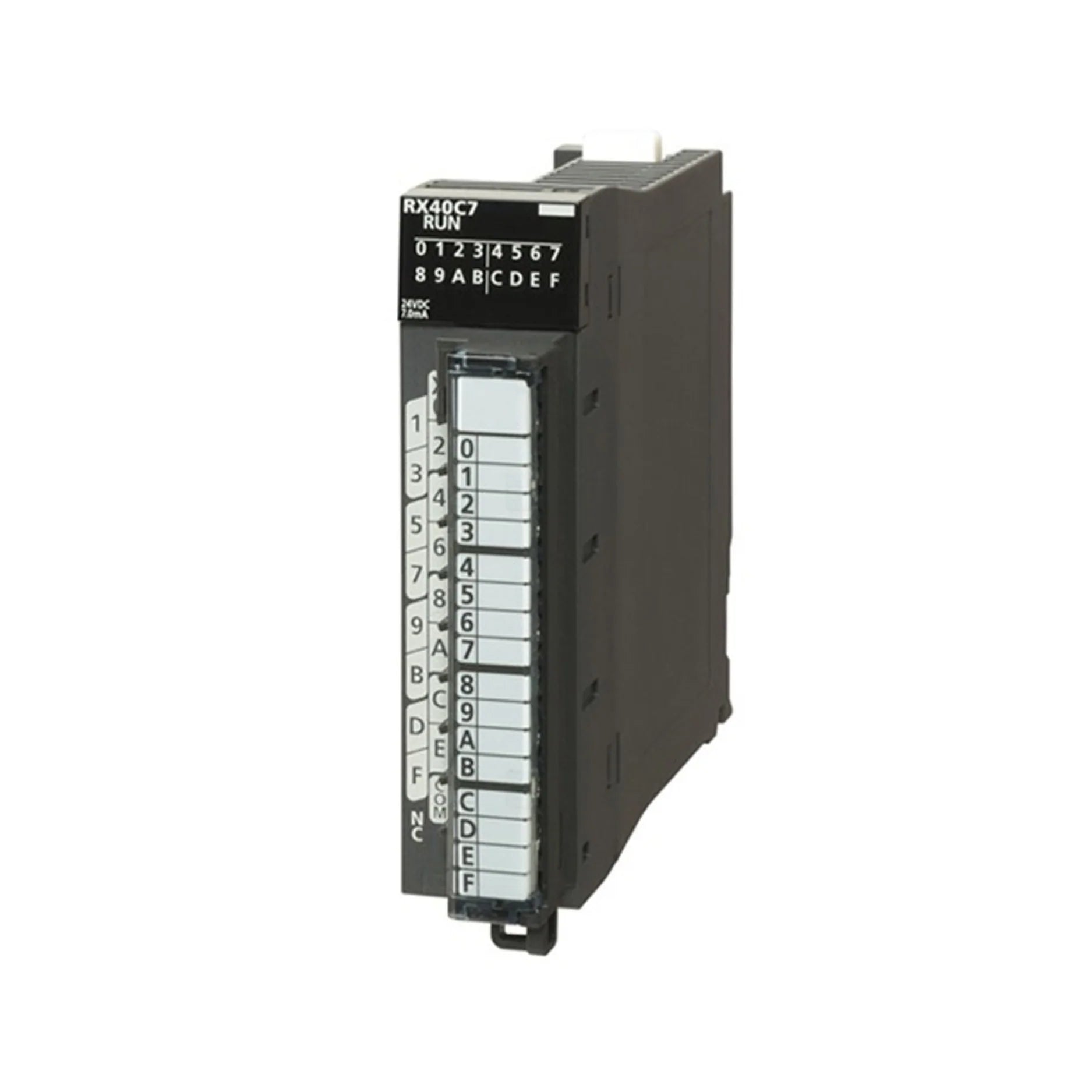 Mitsubishi RX40C7 digital input module, 40 channels, 24V DC sink, high-speed inputs for MELSEC iQ-R PLC systems.