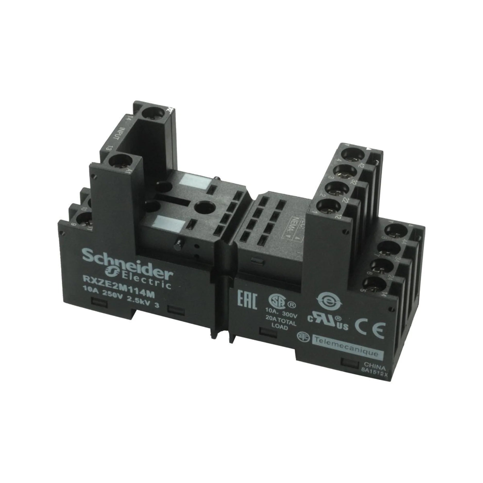 Schneider Electric RXZE2M114M 14-pin relay socket with DIN rail mount and screw terminals, compatible with RXM2 and RXM4 relays.