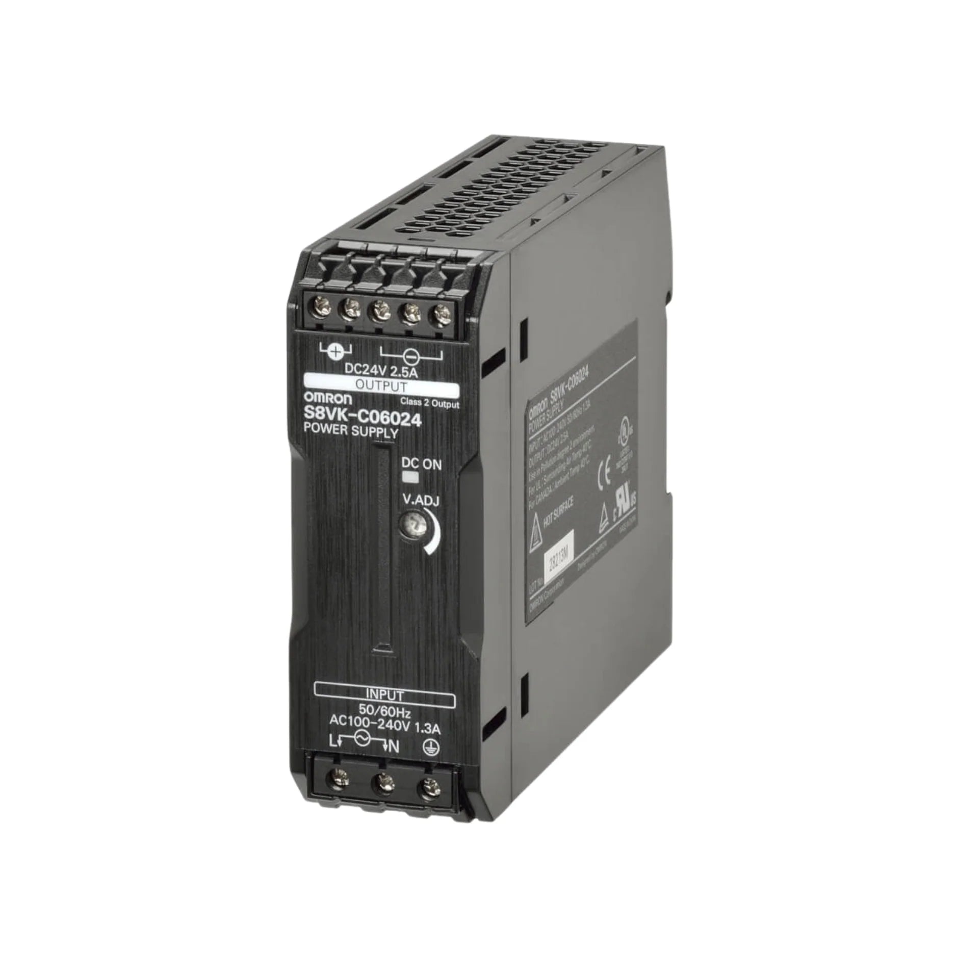 Omron S8VK-C06024 60W DIN rail power supply with 24V DC output, universal AC/DC input, and compact design for industrial applications.