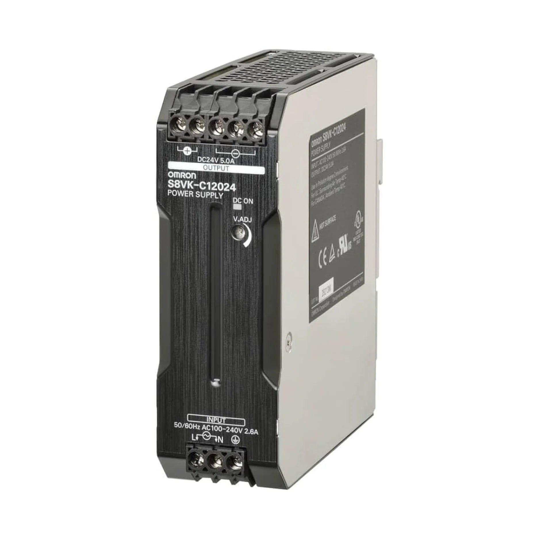 Omron S8VK-C12024 power supply, 120W 24V DC output with wide AC/DC input range, compact DIN rail design for industrial automation.