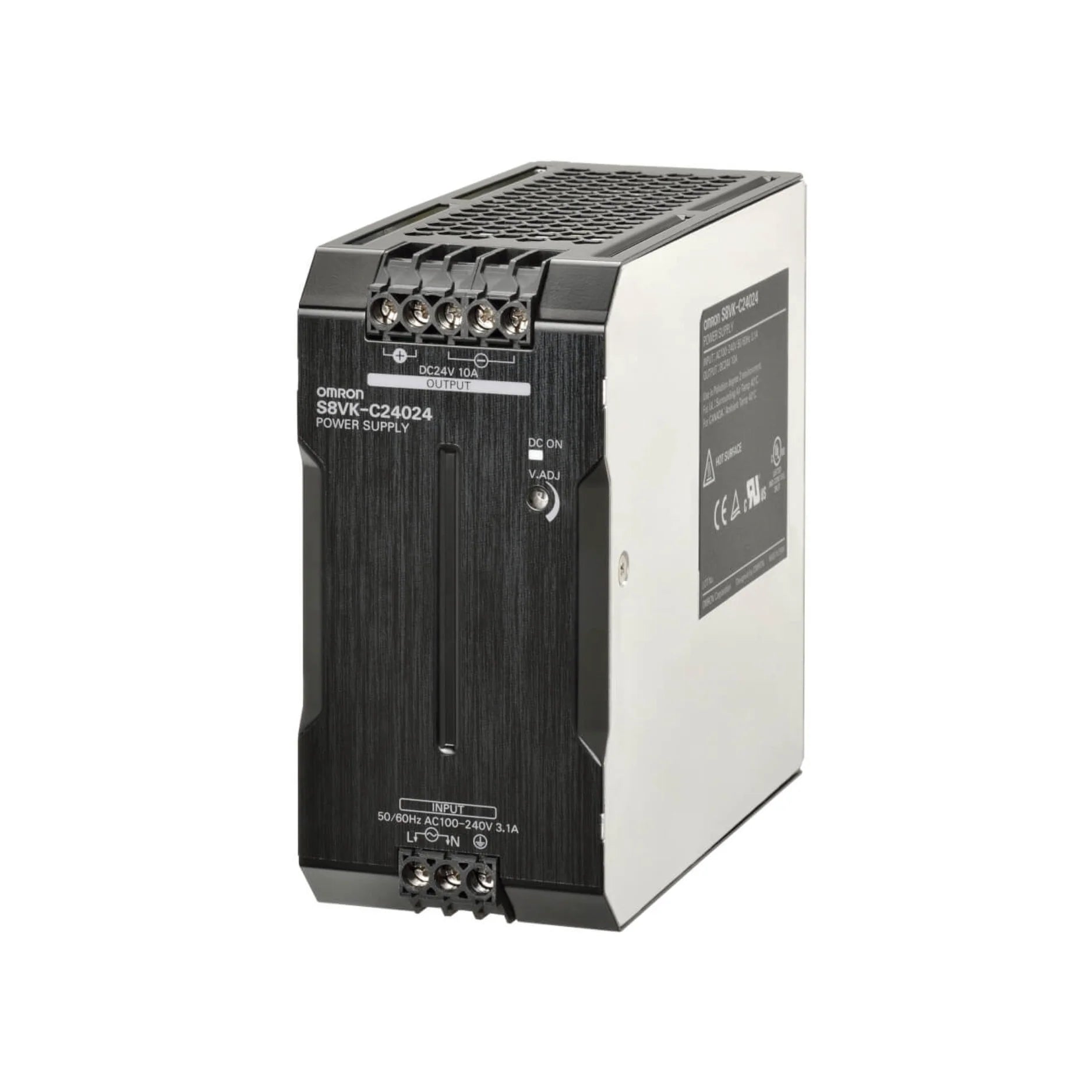 Omron S8VK-C24024 power supply, 240W 24V DC output with wide AC/DC input range and DIN rail mount. Compact and reliable for industrial use.