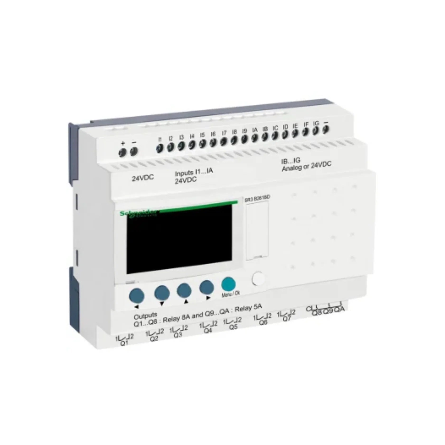 Schneider Electric SR3B261BD smart relay, 26 I/O, 24V DC, with LCD display for easy automation in building and small machine control.
