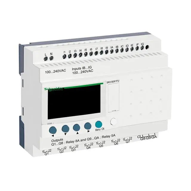 Schneider Electric SR3B261FU Zelio Logic smart relay with 26 I/O, display, and 100–240V AC supply for simple and flexible automation control.