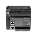 Schneider Electric TM221C24T Modicon M221 PLC with 24 transistor outputs, 24V DC, and serial/USB ports for compact automation control.