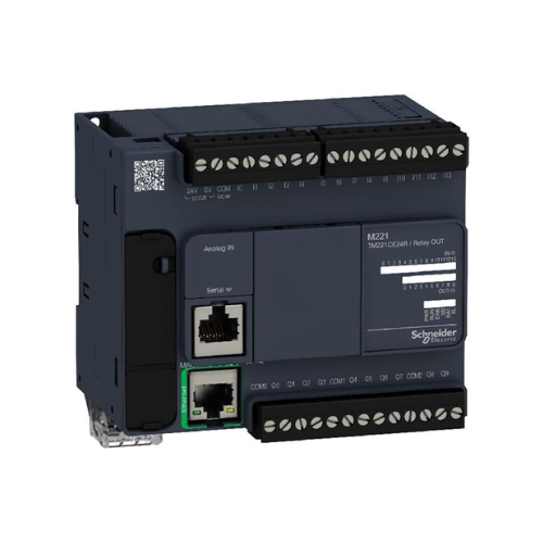 Schneider Electric TM221CE24R Modicon M221 PLC with 14 inputs, 10 relay outputs, and Ethernet connectivity for versatile industrial automation.
