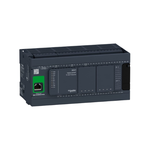 Schneider Electric TM241CE40T Modicon M241 PLC with 24 inputs, 16 transistor outputs, Ethernet, and serial connectivity for industrial automation.