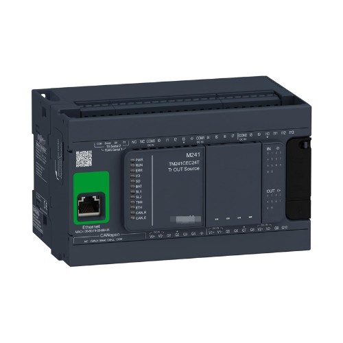 Schneider Electric TM241CEC24T Modicon M241 PLC, 24 transistor outputs, Ethernet, CANopen, serial ports for high-performance machine automation.