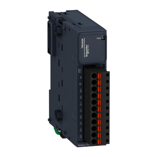 Schneider Electric TM3AQ4G analog output module with 4 channels, 0–10V or 4–20mA, for Modicon TM3 I/O expansion.