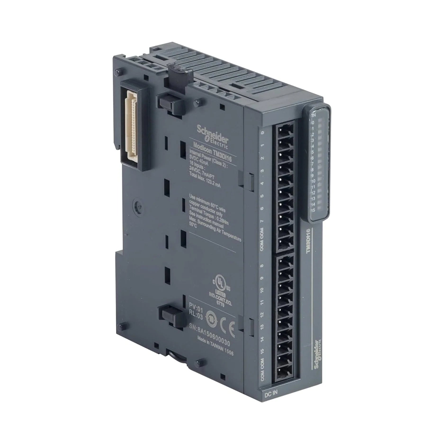 Schneider Electric TM3DI16 digital input module, 16 x 24V DC inputs, compact DIN-rail unit for Modicon M221, M241, and M251 PLC expansion.