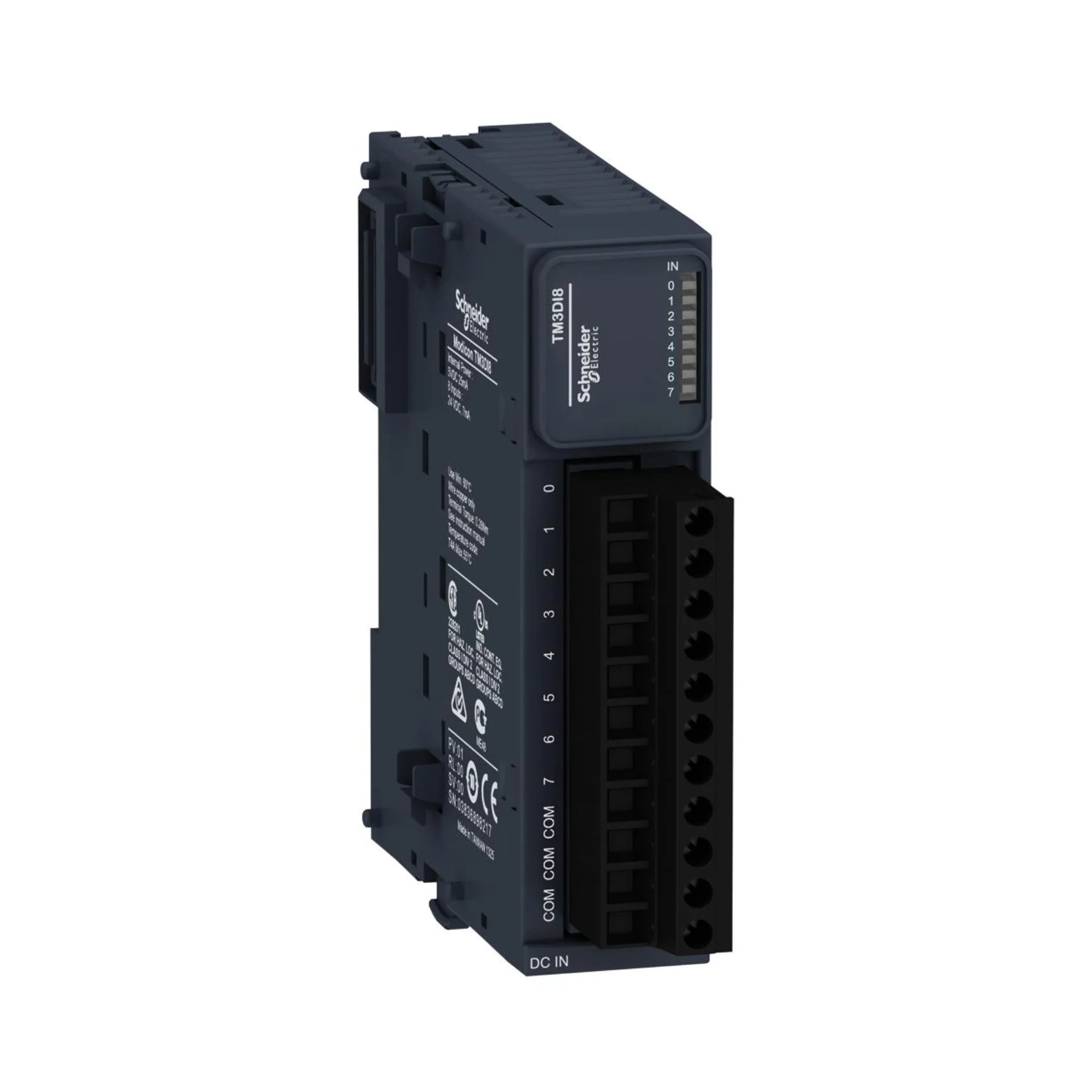Schneider Electric TM3DI8 digital input module, 8 x 24V DC inputs, for expanding Modicon M221, M241, and M251 PLC systems.
