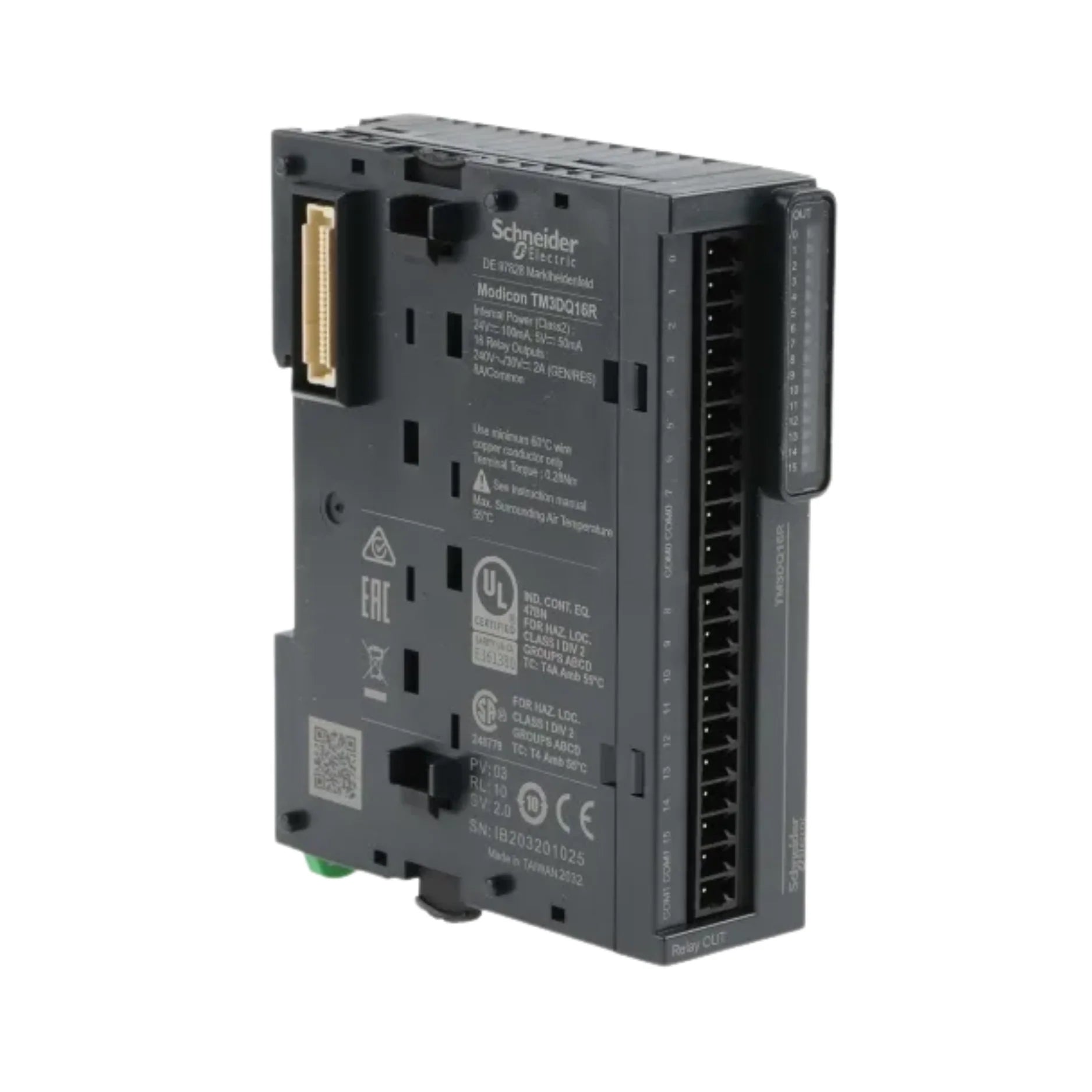 Schneider Electric TM3DQ16R relay output module with 16 channels, 2 A per output, DIN-rail mounted for Modicon M221, M241, and M251 PLCs.