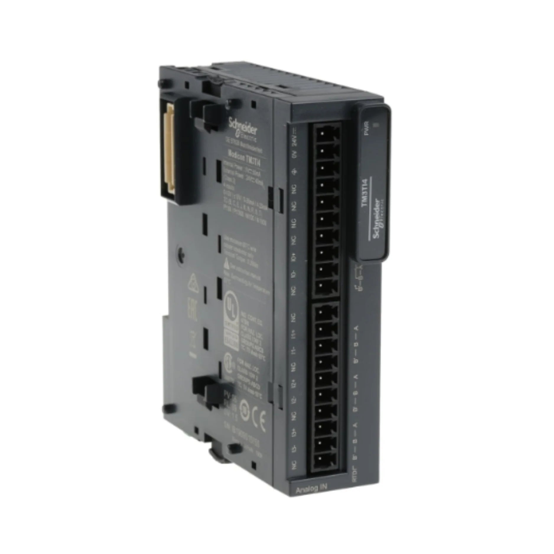 Schneider Electric TM3TI4 analog input module, 4 channels for temperature sensors, 24V DC supply, 16-bit resolution, for Modicon M221/M241/M251 PLCs.