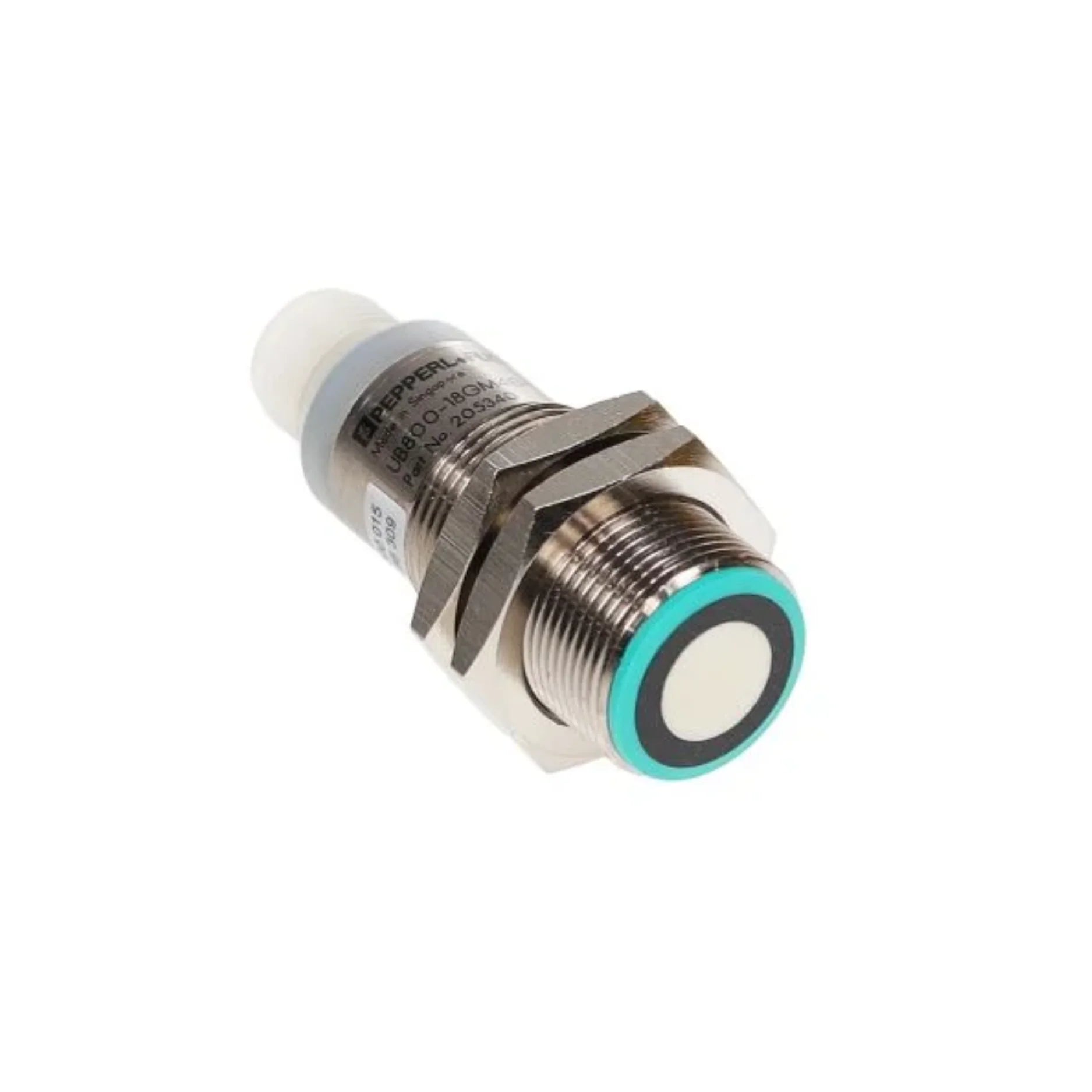 Pepperl+Fuchs UB800-18GM40-I-V1 ultrasonic sensor, M18 housing, 800 mm range, 4–20 mA analog output, IP67, part no. 205340.