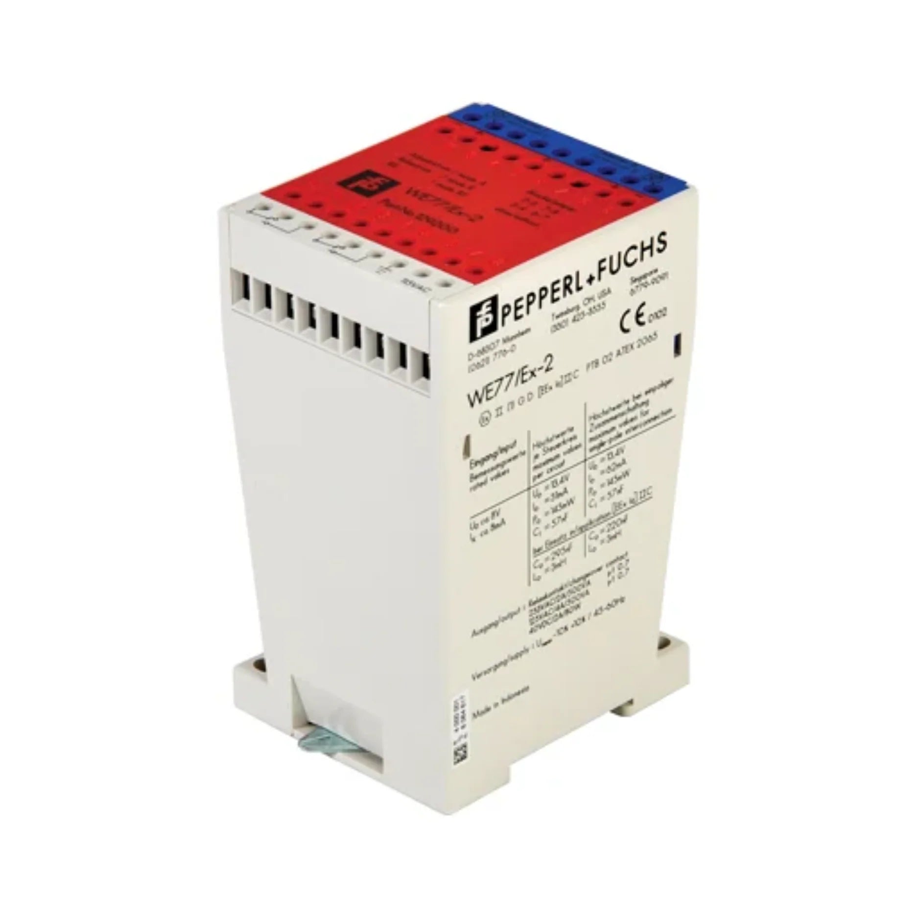 Pepperl+Fuchs WE77/EX2 signal isolator, 1-channel, NAMUR input, intrinsically safe, DIN rail mount, for Ex Zone applications.