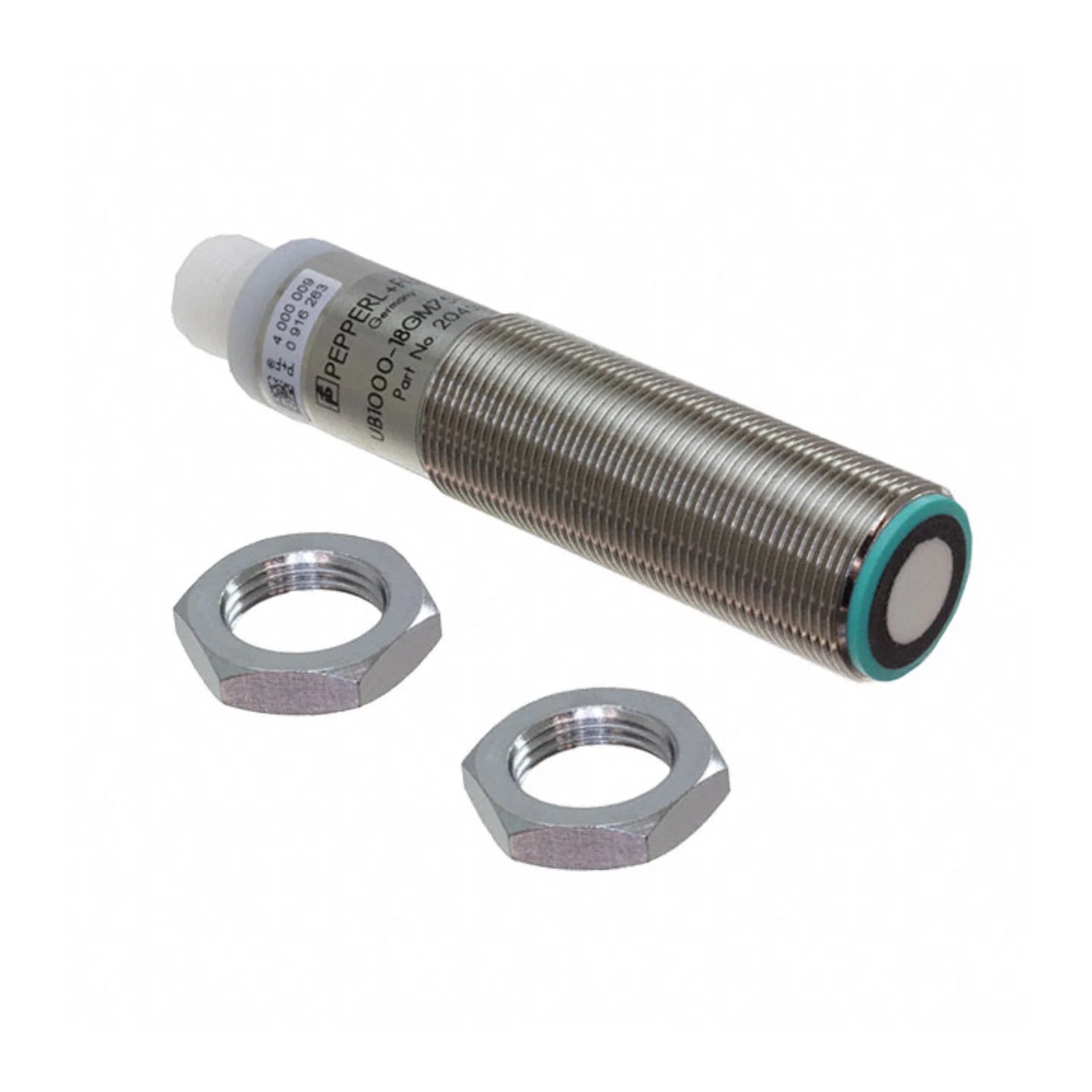 Pepperl+Fuchs UB1000-18GM75-E5-V15 ultrasonic sensor, 70–1000mm detection range, PNP output, M12 connector, IP67 rating.