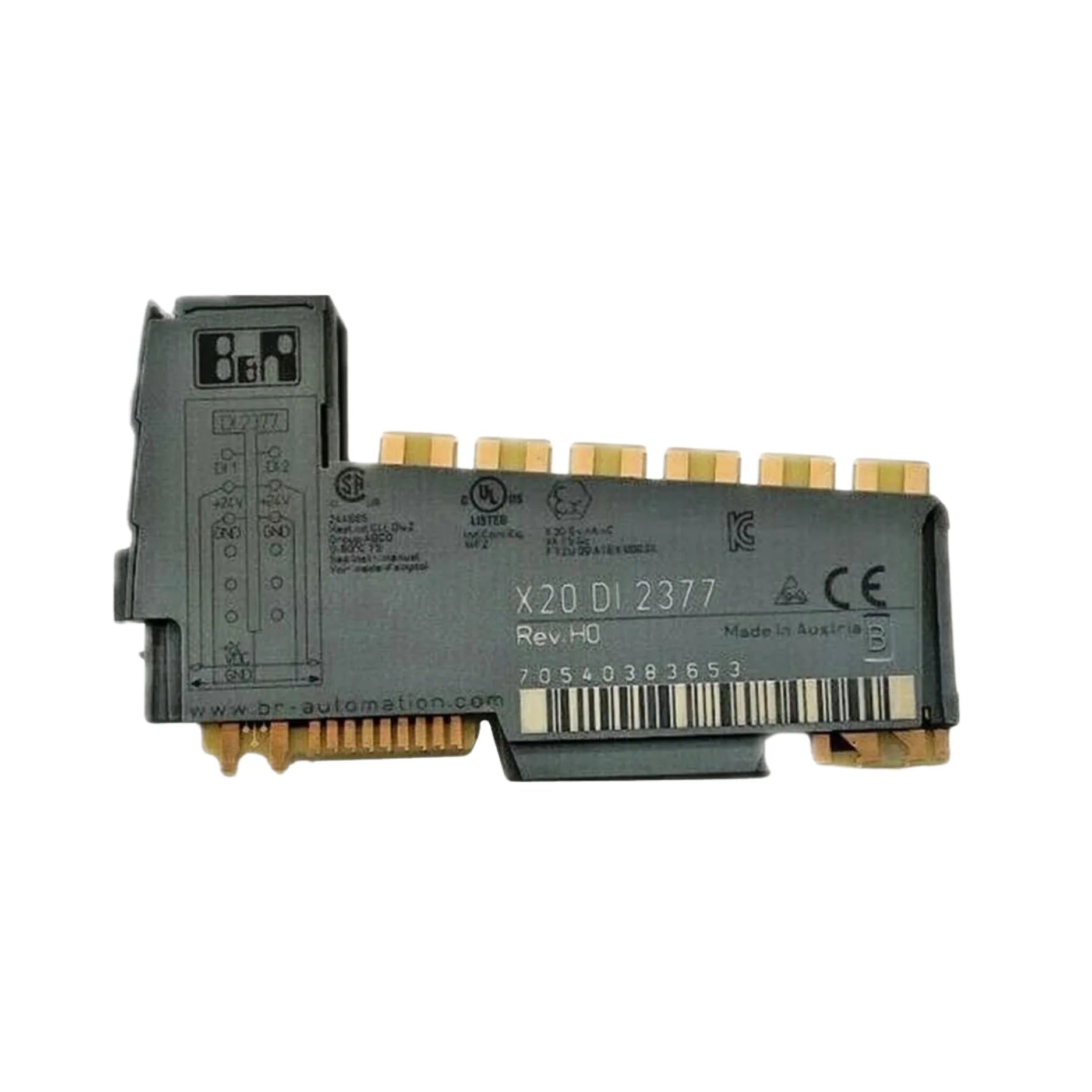 B&R X20DI2377 digital input module with 2 inputs, 24 VDC, sink connection, 3-wire setup, and 50 kHz counter for precise industrial event counting.