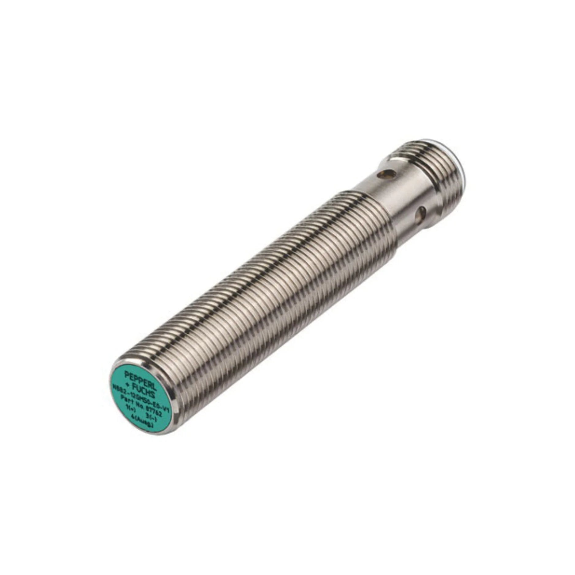 Pepperl+Fuchs NBB4-12GM50-E2-V1 4 mm inductive sensor, PNP NO output, M12 connector, flush mount, IP68-rated for industrial automation.